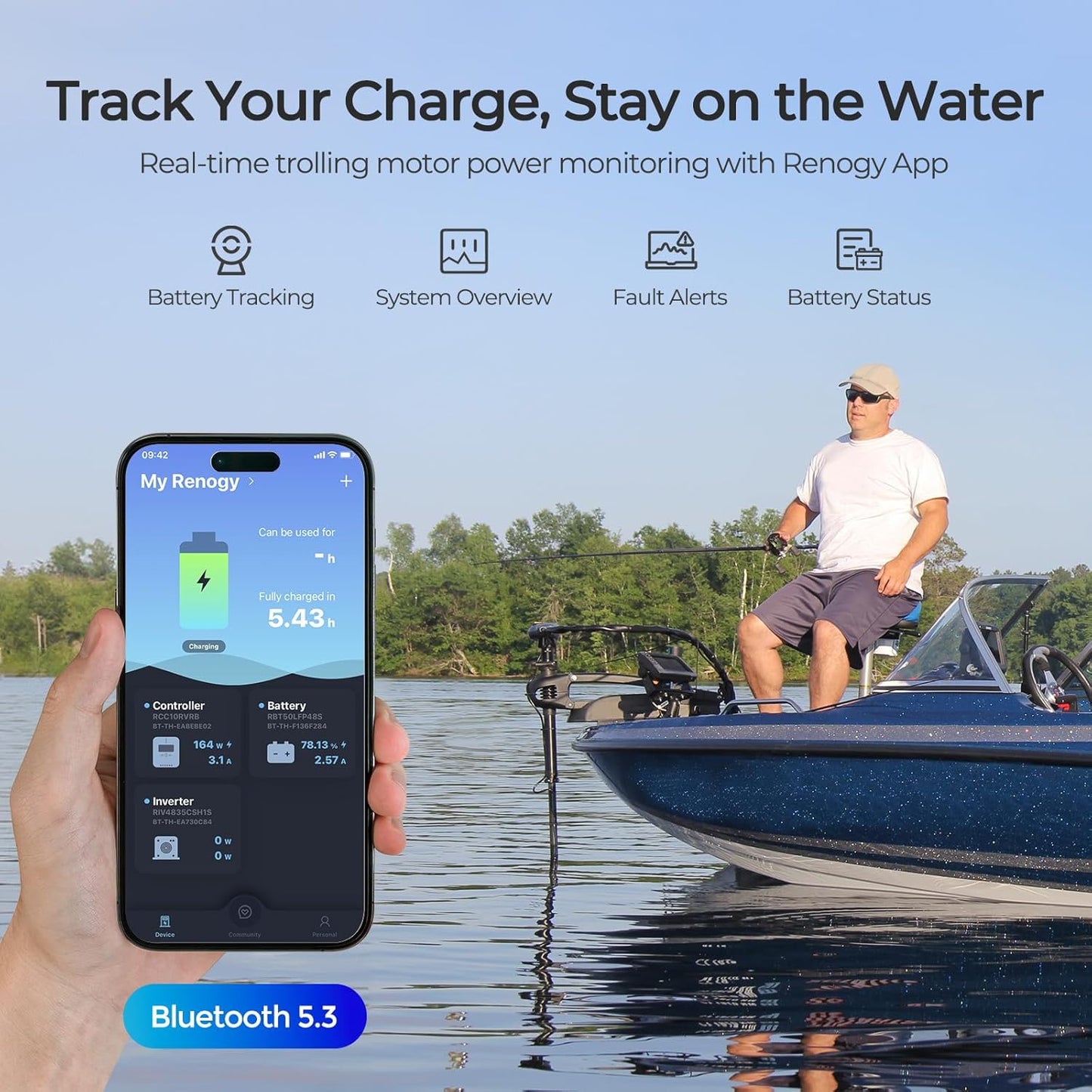 Renogy 12V 100Ah Trolling Motor LiFePO4 Lithium Battery, Bluetooth & 100A BMS, IP67 Waterproof, Group 24 Deep Cycle Battery for Marine, Boat, RV, Off-Grid Backup