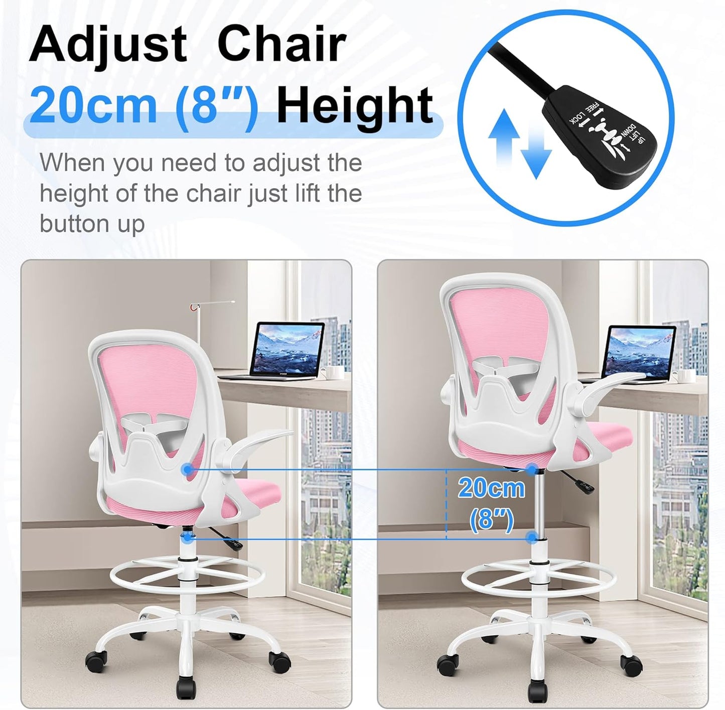 Primy Drafting Chair Tall Office Chair with Flip-up Armrests Executive Ergonomic Computer Standing Desk Chair with Lumbar Support and Adjustable Footrest Ring (Pink)