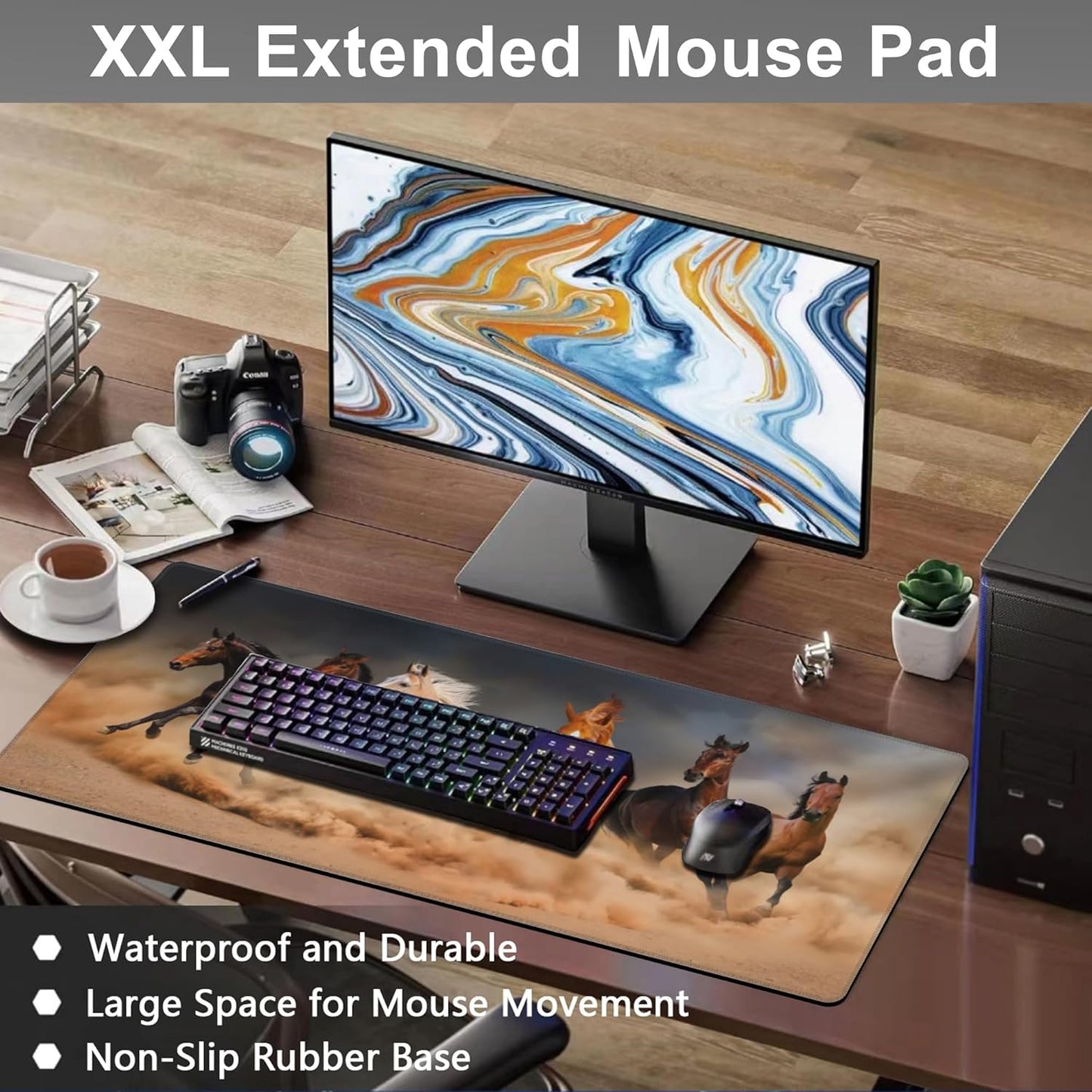 Mouse Pad, Large Running Horse Herd Desk Mat, Extended Non-Slip Gaming Keyboard Mousepad Desk Pad, Thick Stitched Edges Waterproof Mouse Mat 31.5"x15.7" (Horse Herd in Desert Sand Storm)