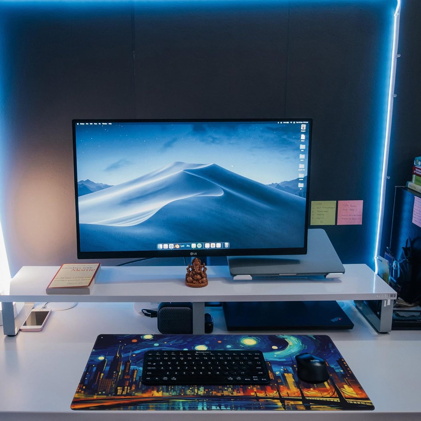 Desk Pad,City Starry Night Desk Mat,Abstract Oil Painting Large Gaming Mouse Pad for Desk,Extended Big Computer Keyboard Mouse Pad with Non-Slip Base and Stitched Edge,31.5"x11.8"