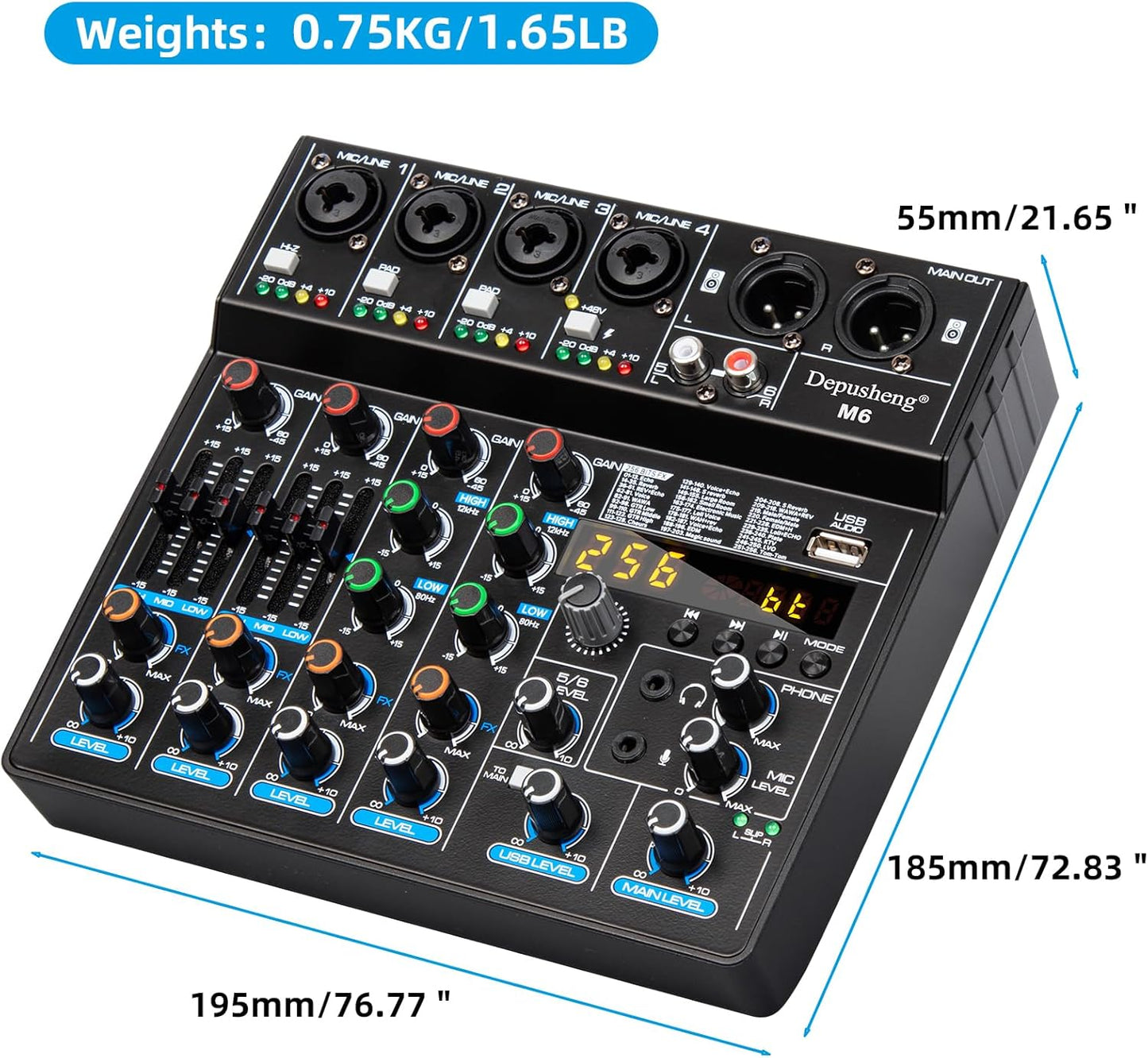 Depusheng M6 Portable Mini Mixer 6-Channel Audio Mixer DJ Console with Sound Card, Bluetooth Function, USB, 48V Phantom Power for PC Recording Webcast Party with 256 DSP