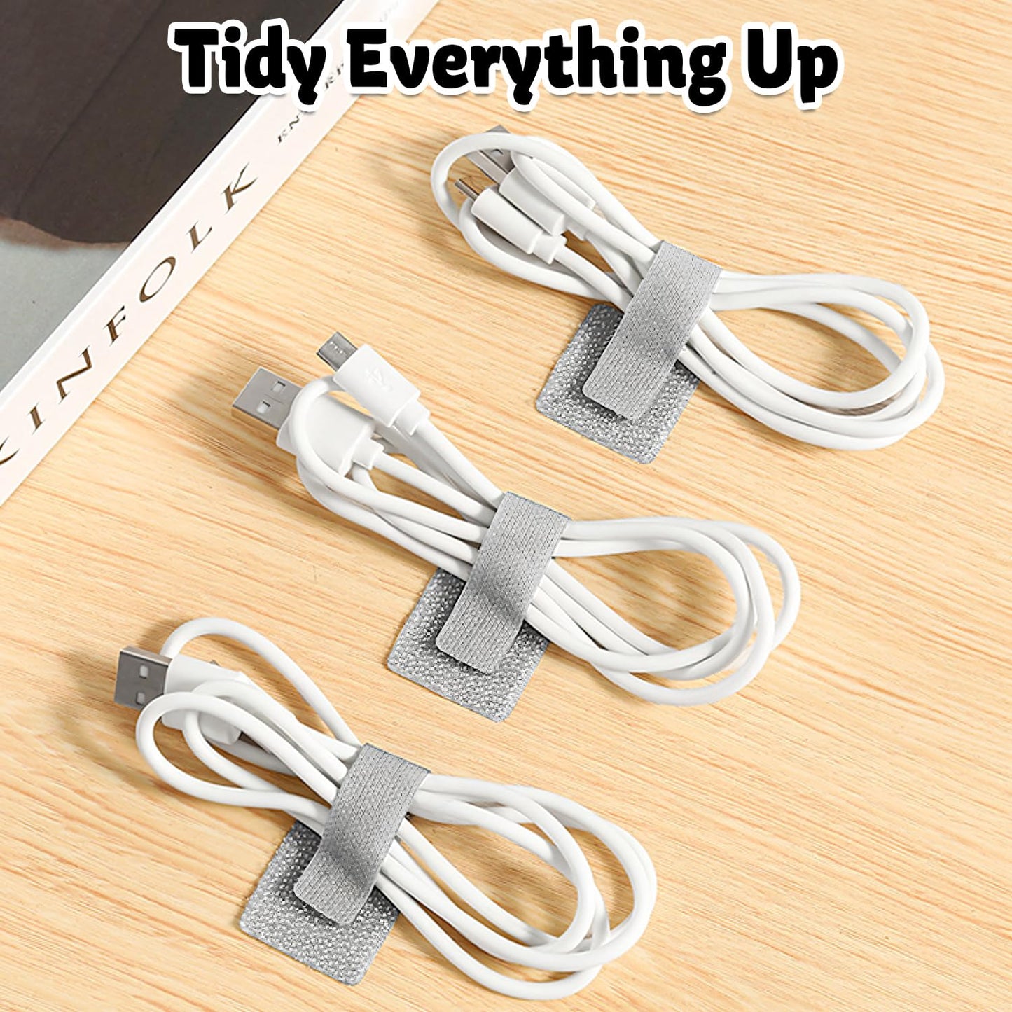 40 PCS Hook and Loop Cable Ties, Self-Adhesive Hook and Loop Cable Straps, Sticky-Back Wire Organizer for Under Desk Cable Management, Adjustable Cable Straps Clips for Home Office(White, Gray)