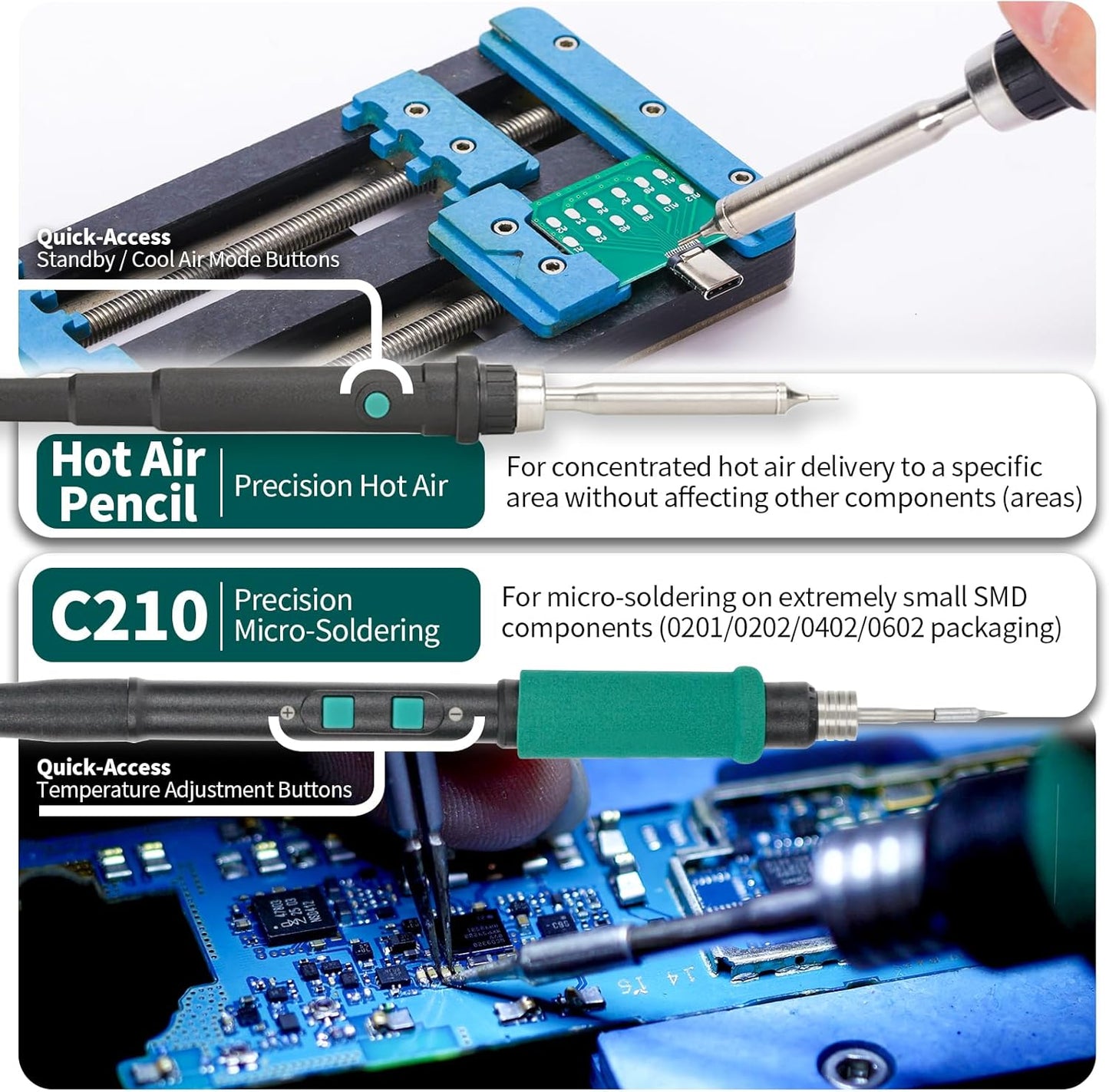 YIHUA 992D-II 2-IN-1 Precision Soldering Kit with Hot Air Pencil and C210 Soldering Iron, Precision Soldering Station with Dynamic LCD Display, Low-Wear Mode, 3 Preset Channels, 8 Hot Air Nozzles