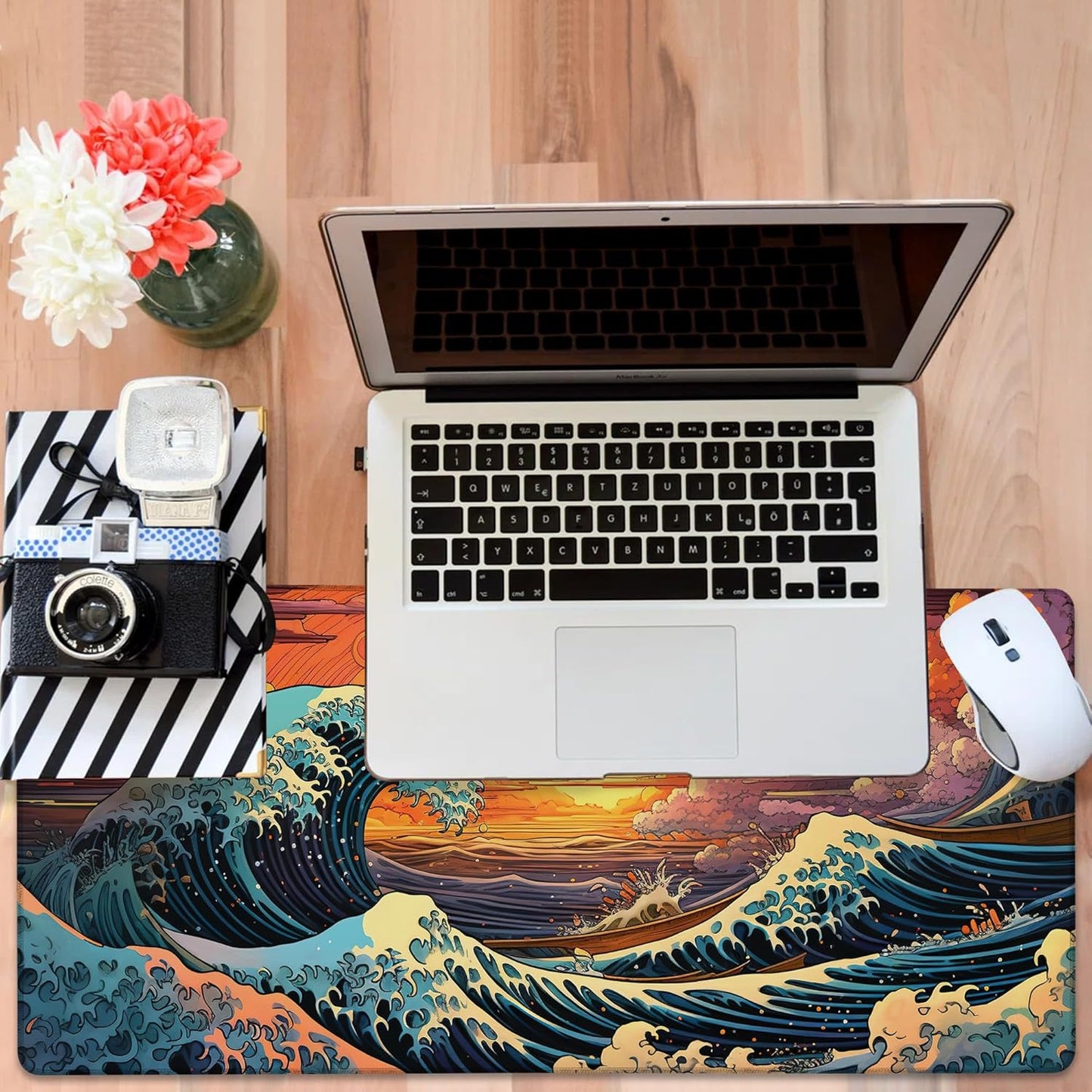 Gaming Desk Pad Large Extra Length Japanese Blue Waves Mouse Pad Keyboard Laptop Non-Slip Waterproof with Rubber Base Thick Stitched Edge Mouse Mat for Office Home 35.4 x 15.7 Inches