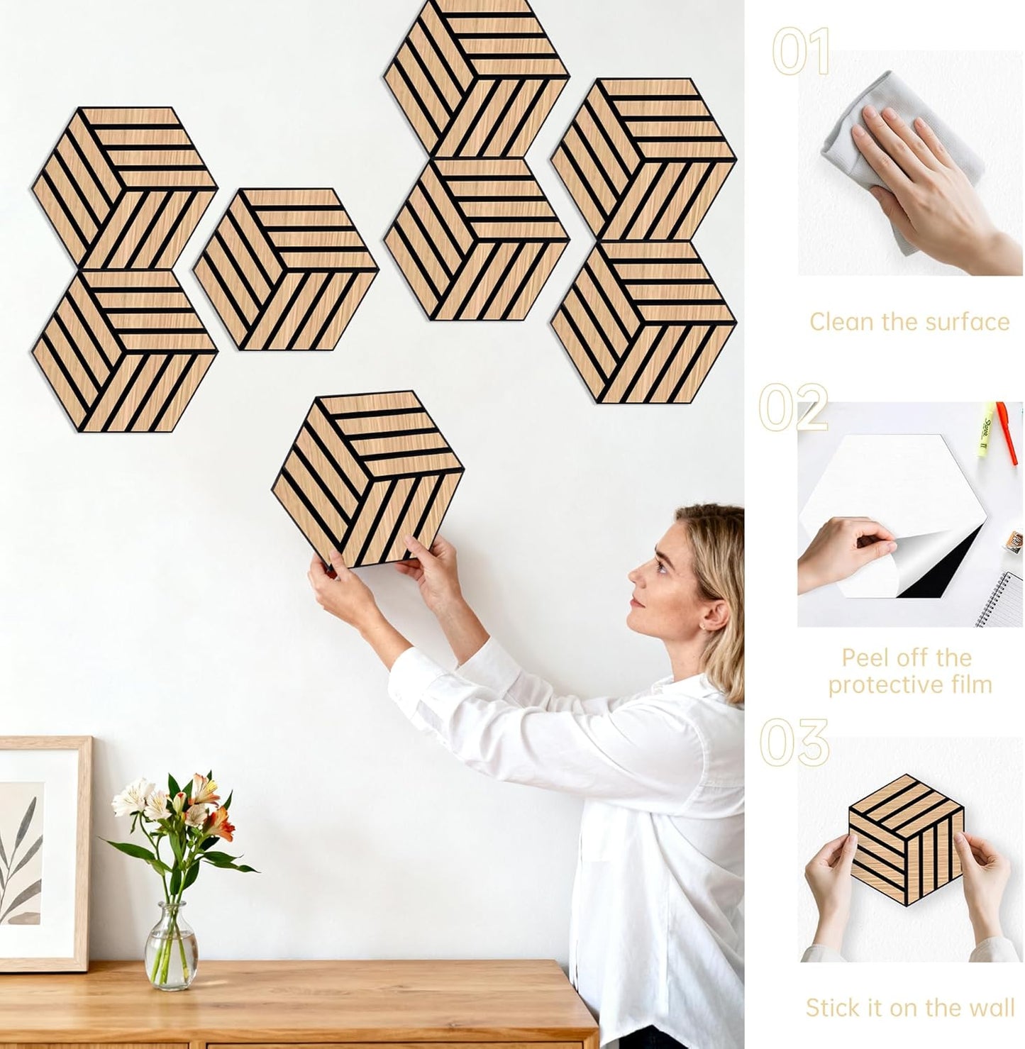 Mollywell Hexagon Acoustic Panels, Natural Oak TH4, 14x12x0.4 Inch, 12 Pack |Wood Veneer|High Density Sound Proofing Wall Panels|Self Adhesive Sound Dampening Felt Wall Tiles|Home Theater|Gaming Room|