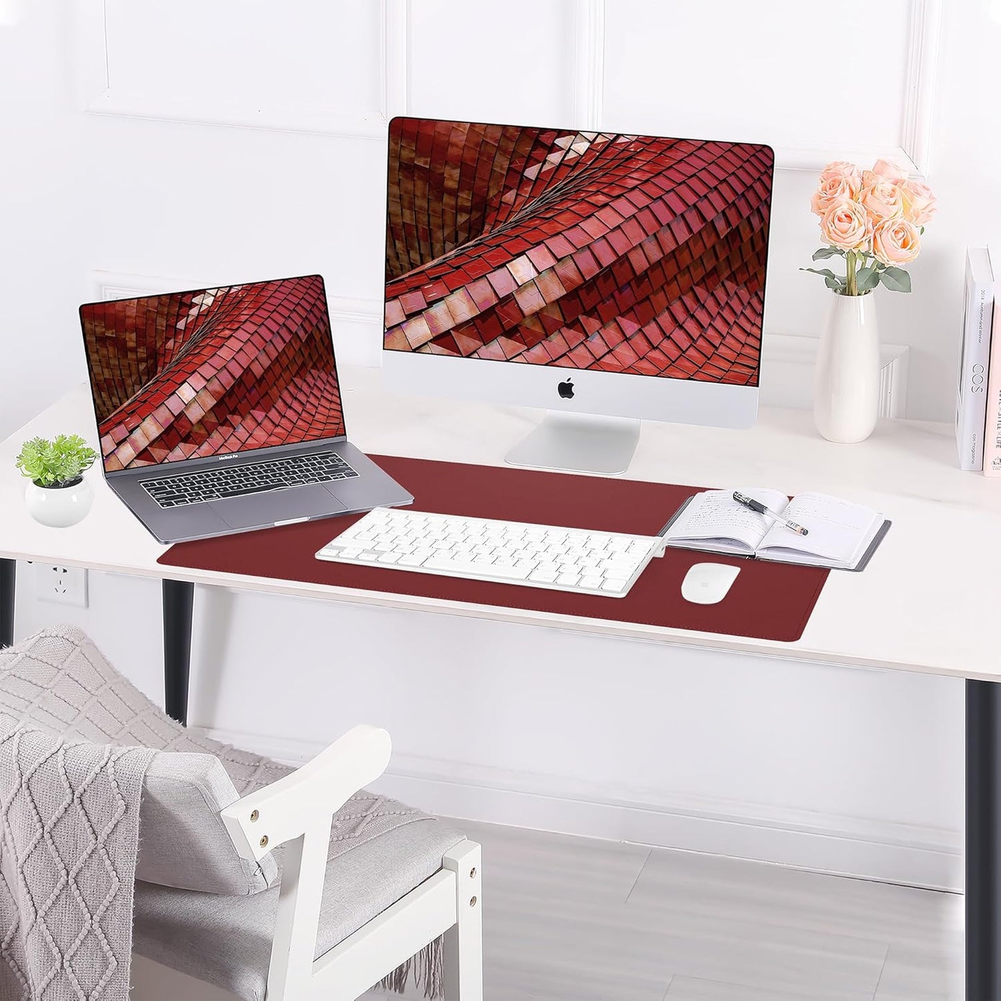 AFIING Leather Desk pad Protector, Large Desk mat with Natural Cork & PU Leather,Mouse pad,Non-Slip Office Desk Mat,Waterproof Desk Writing Pad for Office and Home (23.6in*13in, Red)