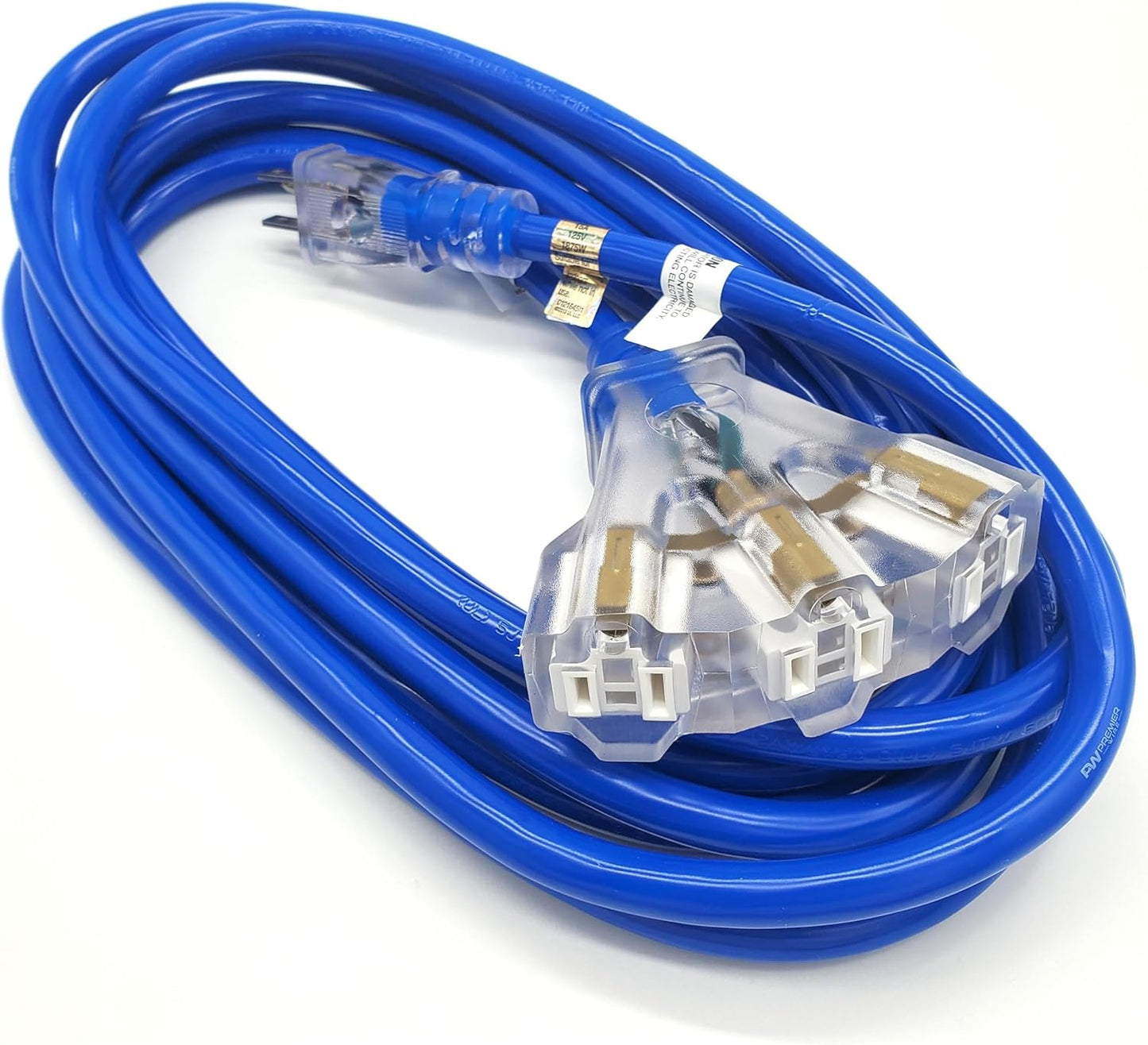15 ft - 12 Gauge Heavy Duty Extension Cord - Lighted on Both Ends - SJTW Blue - Outdoor Extension_Cord Waterproof 15 ft by Premier Wire - 15 Amp ExtensionCord (15 Foot 12-Awg Power Cord Blue)