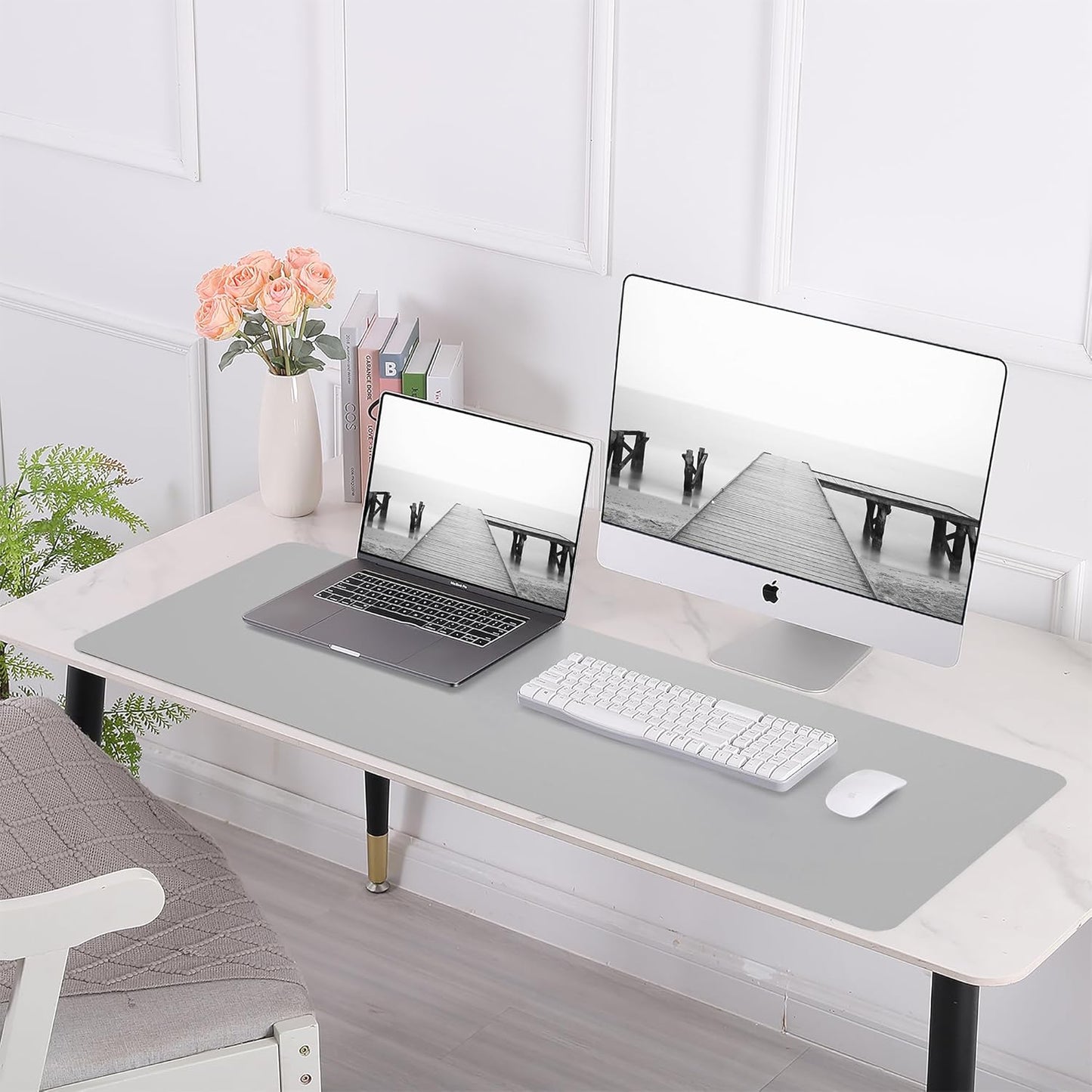 Leather Desk Protector, 47in*23.7in Large Mat with Natural Cork & PU Leather, Mouse Pad, Non-Slip Office Mat, Waterproof Writing Pad for Office and Home (Light Grey)