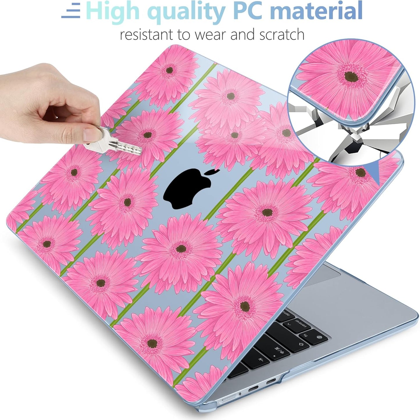 MEEgoodo Case for M4/M3/M2 MacBook Air 13.6 inch Case 2025 2024 2022, Fit Model A3240/A3113/A2681, Laptop Hard Shell with Keyboard Cover Compatible with MacBook Air 13 inch, Pink Gerbera Flower