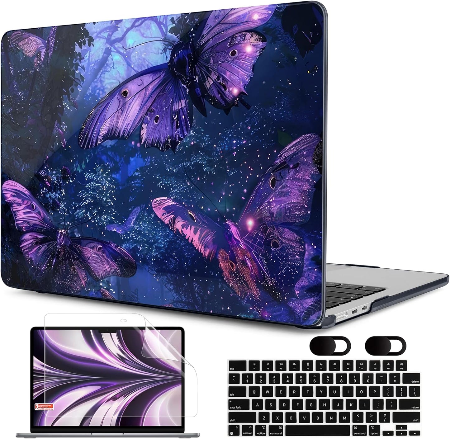 MEEgoodo Case for M4/M3/M2 MacBook Air 13.6 inch Case 2025 2024 2022, Fit Model A3240/A3113/A2681, Laptop Hard Shell with Keyboard Cover Compatible with MacBook Air 13 inch, Purple & Blue Butterflies