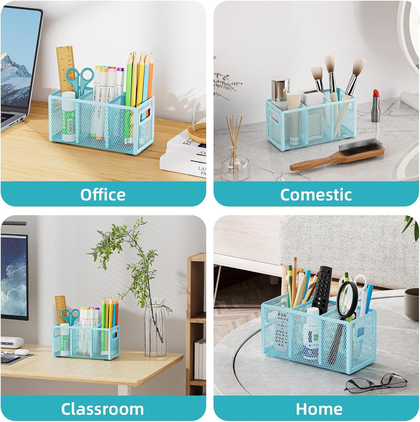 Marbrasse Mesh Pen Holder for Desk,Pencil Holder Desk Organizer 3 Adjustable Compartments,Pencil Cup with Handle Perfect for Classroom, Office, Home,Makeup,Art (Blue)