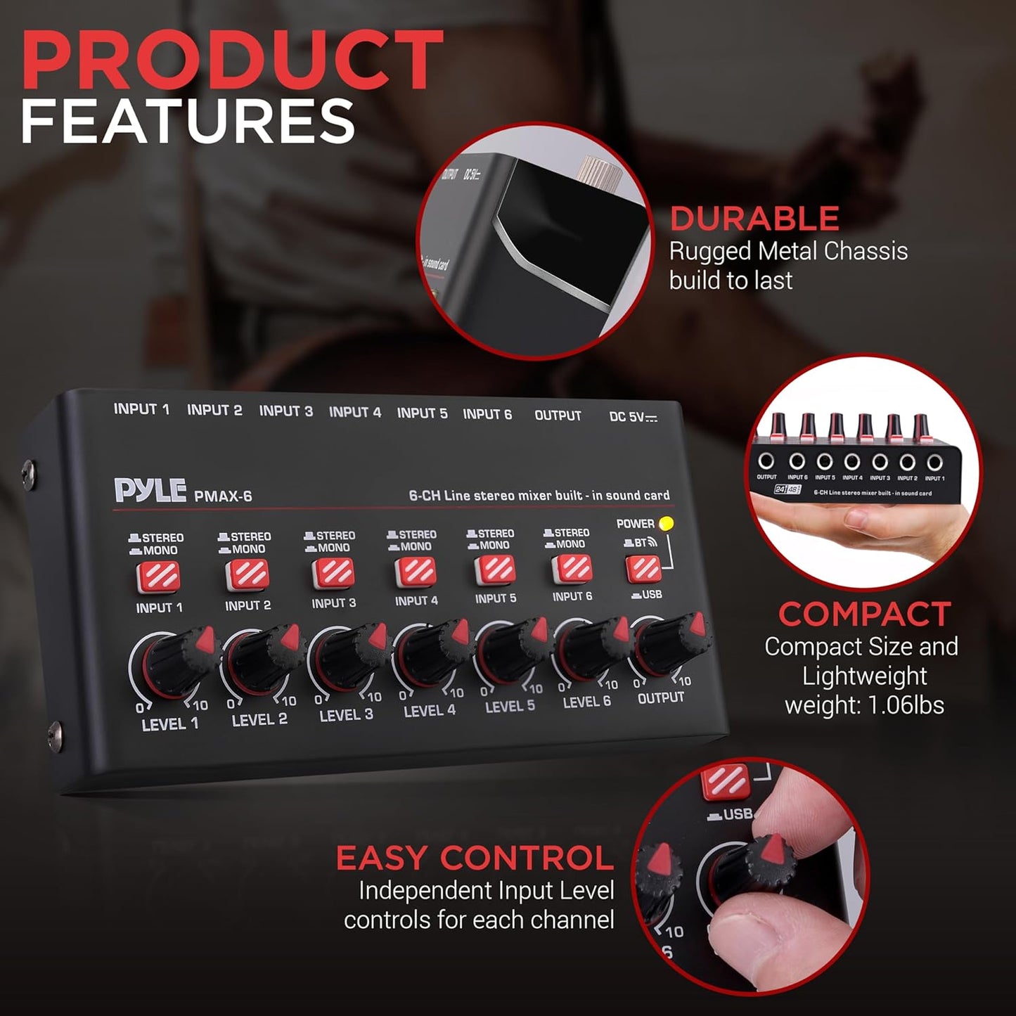 Pyle 6-Channel Wireless BT Streaming Mini Line Mixer with USB Audio Interface - 6 Mono/Stereo Switching Inputs | Ultra-low Noise Design with High Headroom | Built-in USB Sound Card - PMAX6