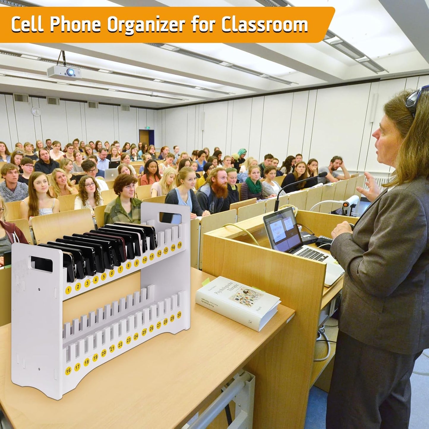 Cell Phone Holder Classroom Cell Phone Storage 2-Tier Multiple Cell Phone Stand Rack with 1-30 Number Stickers PVC Board Mobile Phone Holder Desktop Organizer for Classroom Office (30 Slots)