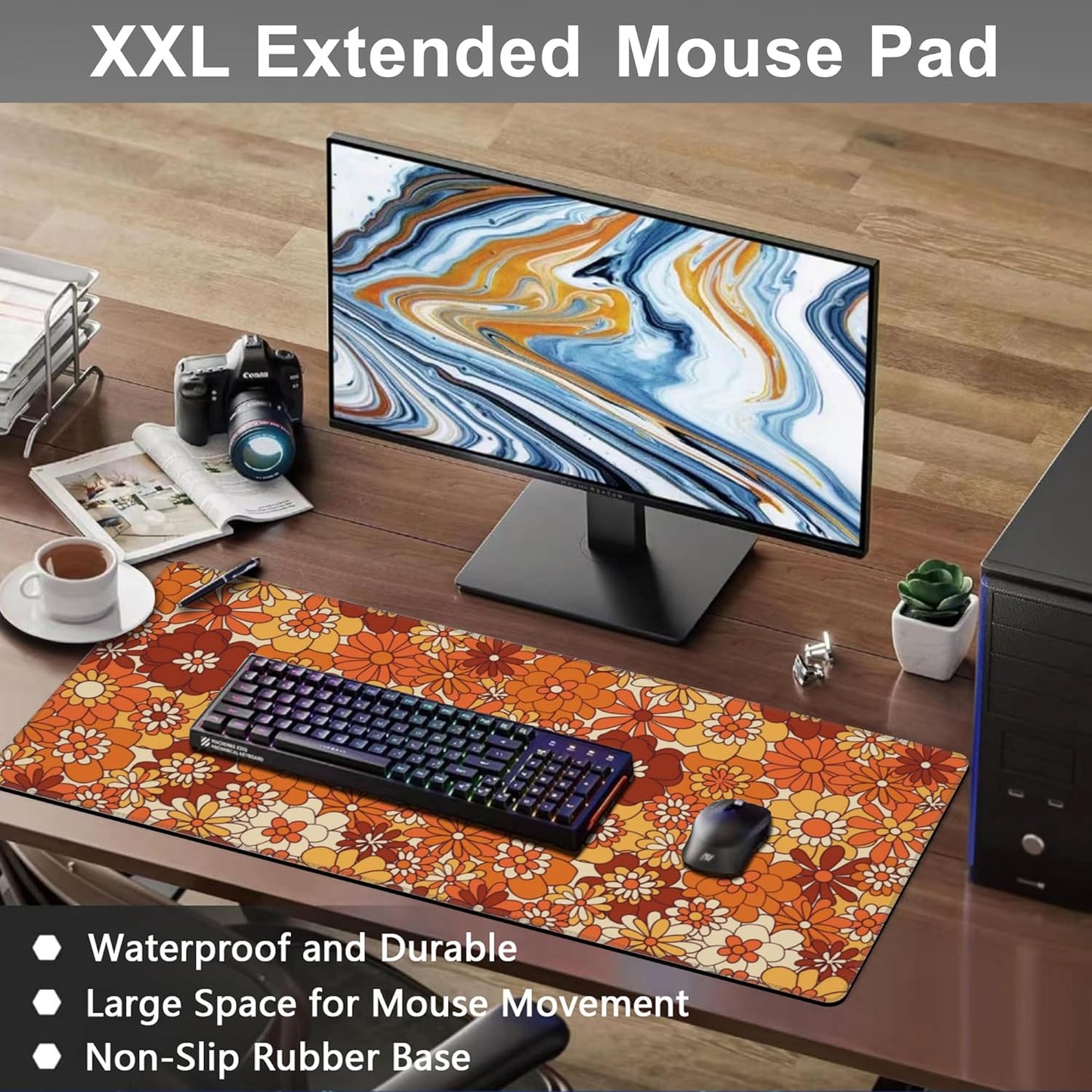 Mouse Pad, Large Retro Boho Hippie Flower Desk Mat, Extended Non-Slip Gaming Keyboard Mousepad Desk Pad, Thick Stitched Edges Waterproof Mouse Mat 31.5"x15.7" (Vintage Groovy Floral)