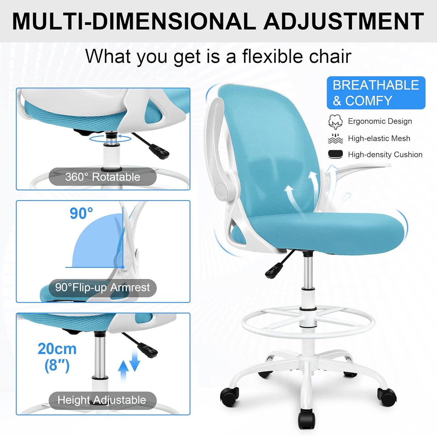 Primy Drafting Chair Tall Office Chair with Flip-up Armrests Executive Ergonomic Computer Standing Desk Chair with Lumbar Support and Adjustable Footrest Ring(Blue)