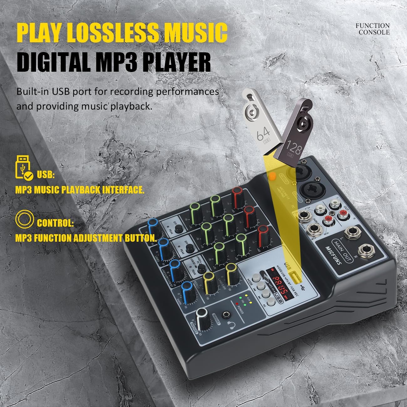 Mini audio audio mixers DJ mixer Sound Board Console System,4 Channel 48V Phantom Power with Bluetooth USB MP3 Stereo live DJ Studio Streaming for professional recording party KTV stage