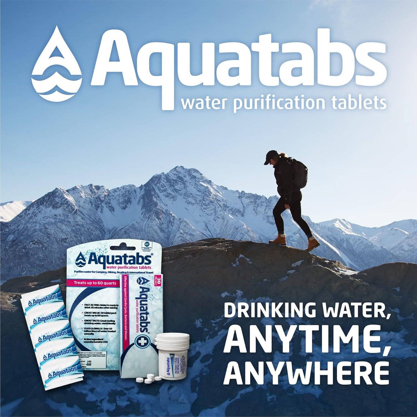 Aquatabs 49mg Water Purification Tablets (100 Pack). Water Filtration System for Hiking, Backpacking, Camping, Emergencies, Survival, and Home-Use. Easy to Use Treatment and Disinfection.