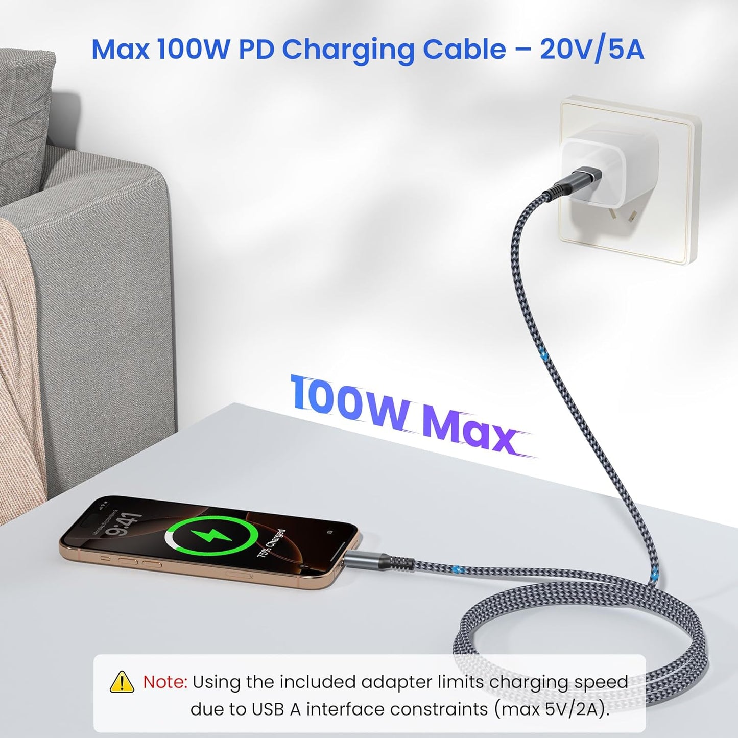 Elebase USB Type C to C 100W Cable 10FT with USB Adapter,Fast Charging PD Charger Cord for iPhone 16 15 Pro Max Plus,Samsung Galaxy S23 S25 S24,Car Play,MacBook Mac,iPad 10,Z Flip Fold 5,Ultra,A53 A54