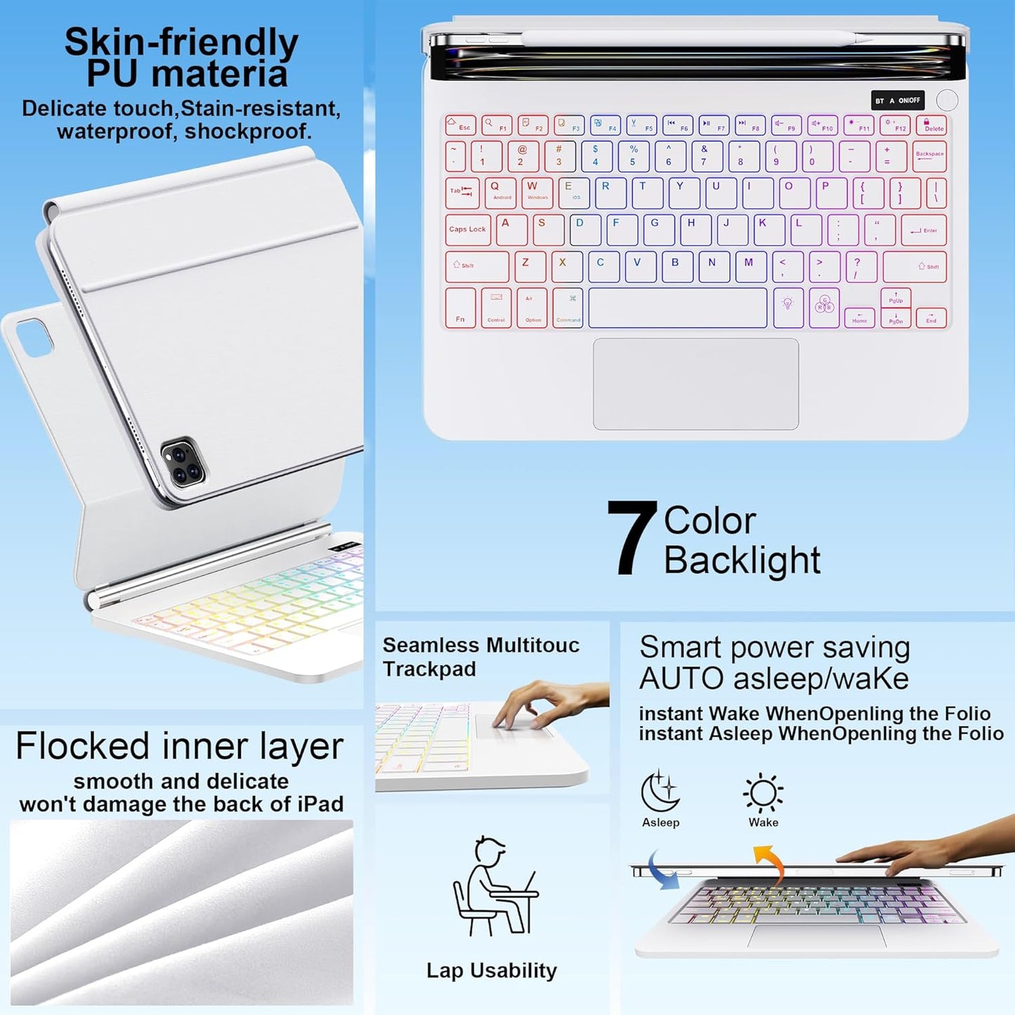 for iPad Pro 13 Inch Case with Keyboard (M4, 2024)๏ผMagic-Style Magnetic โ 7 Colors Backlight -Floating Cantilever Stand - Multi-Touch Trackpad Keyboard Case for iPad Pro 13 (White)