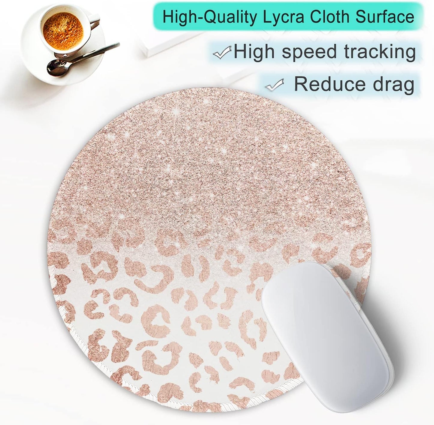 ITNRSIIET Round Mouse Pad with Stitched Edge Premium-Textured Waterproof Non-Slip Rubber Base Desktop Protection Mat Diameter 8.7 inches, Rose Gold Leopard Print