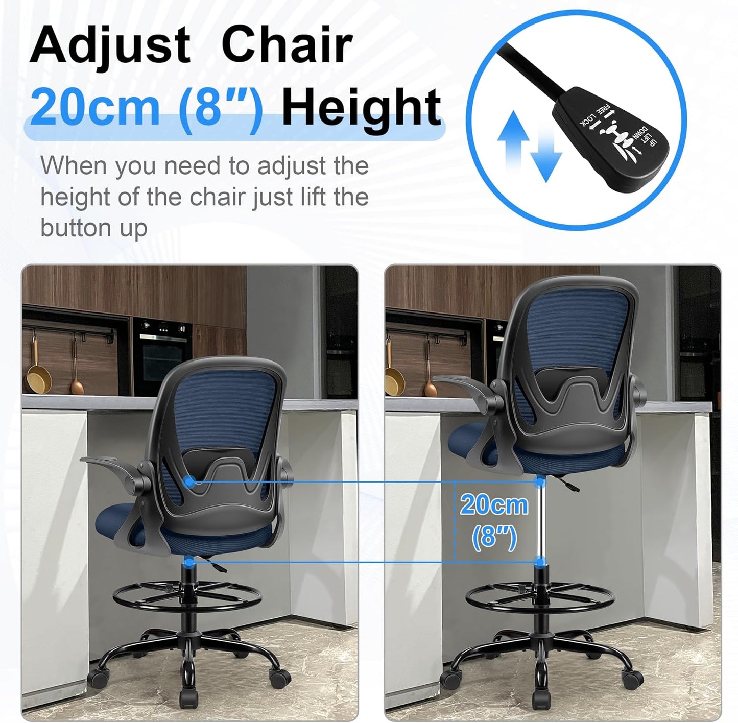 Drafting Chair Tall Office Chair with Flip-up Armrests, Adjustable Height, Enhanced Lumbar Support Ergonomic Rolling Stool, Back Support, Adjustable Foot Rest Ring for Standing Desk Navy