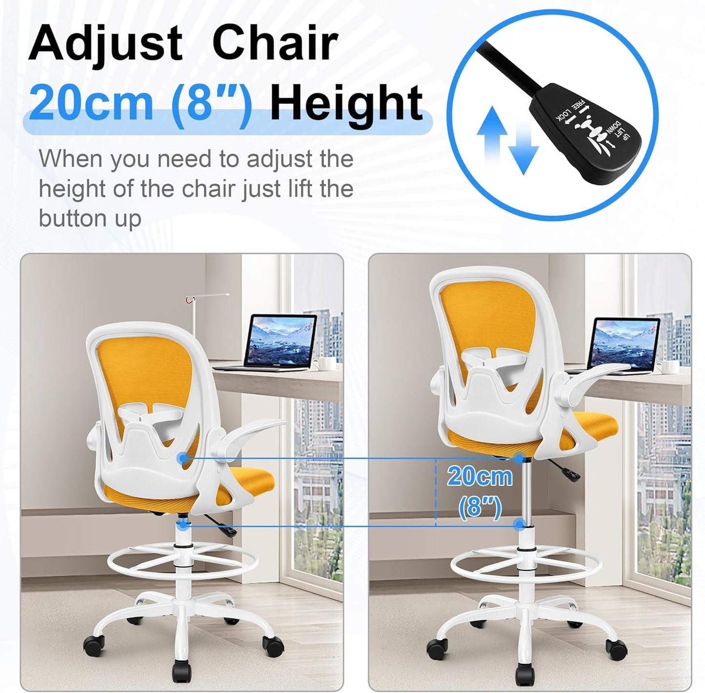 Primy Drafting Chair Tall Office Chair with Flip-up Armrests Executive Ergonomic Computer Standing Desk Chair with Lumbar Support and Adjustable Footrest Ring (Mustard)