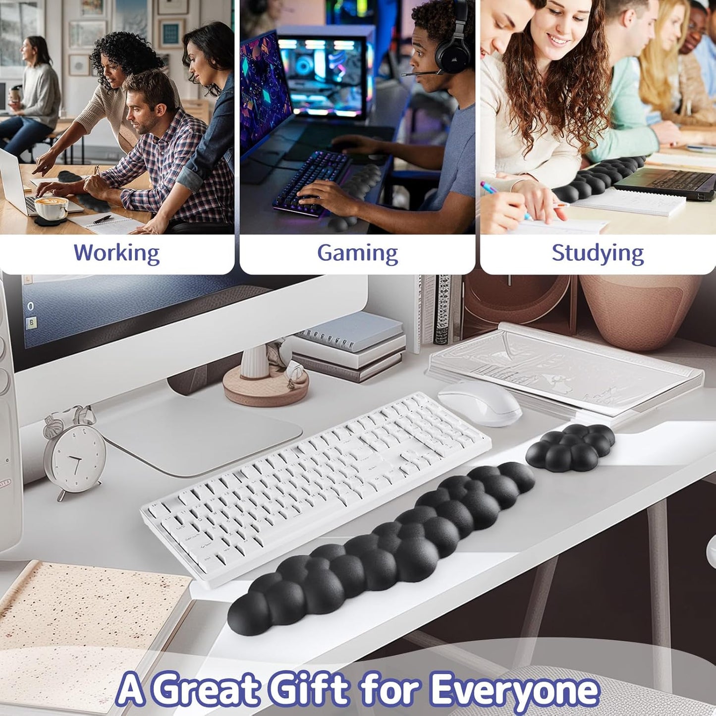 Cloud Wrist Rest for Keyboard and Mouse, Memory Foam PU Leather Keyboard Wrist Rest with Ergonomic Support, Non-Slip Base, Cute Arm Rest Pad & Palm Cushion, Office Desk Accessory, Black