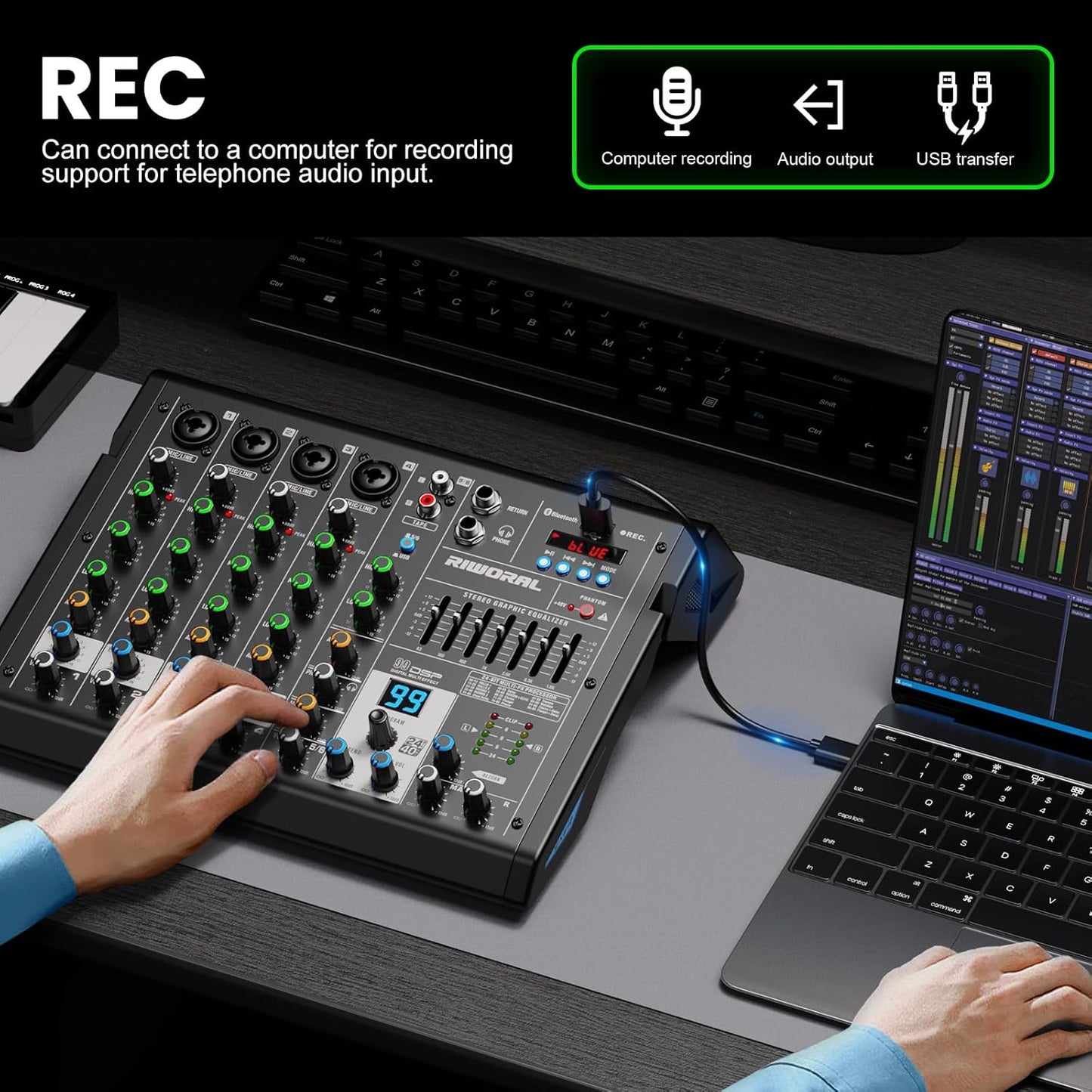 6 Channel Audio Interface Dj Mixer Soundboard Console 99 Dsp Reverb Delay Effect USB Bluetooth Studio Audio Mixer +48V Phantom Bluetooth for Karaoke Streaming Recording, Live Broadcast