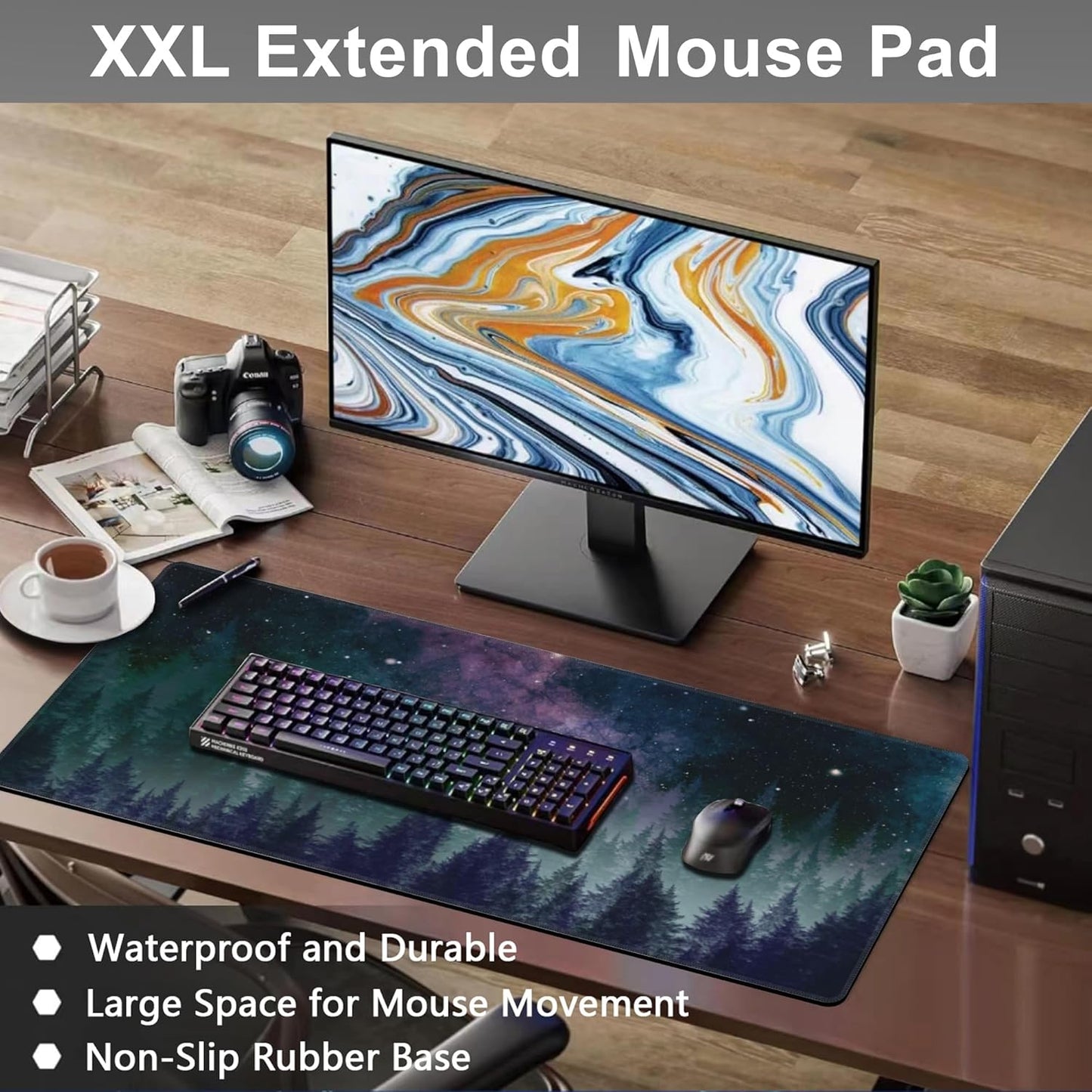 Mouse Pad, Large Galaxy Space Forest Desk Mat, Extended Non-Slip Gaming Keyboard Mousepad Desk Pad, Thick Stitched Edges Waterproof Mouse Mat 31.5"x15.7" (Night Sky Forest)