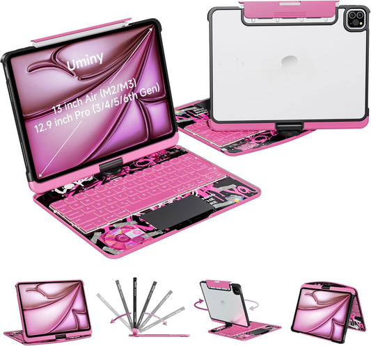 Keyboard Case for 12.9 inch iPad Pro 6/5/4/3rd Gen & 13 inch iPad Air (2025 M3, 2024 M2) Wireless Keyboard with Trackpad 7 Color Backlit, Transparent Protective Cover with Pencil Holder (Pink)