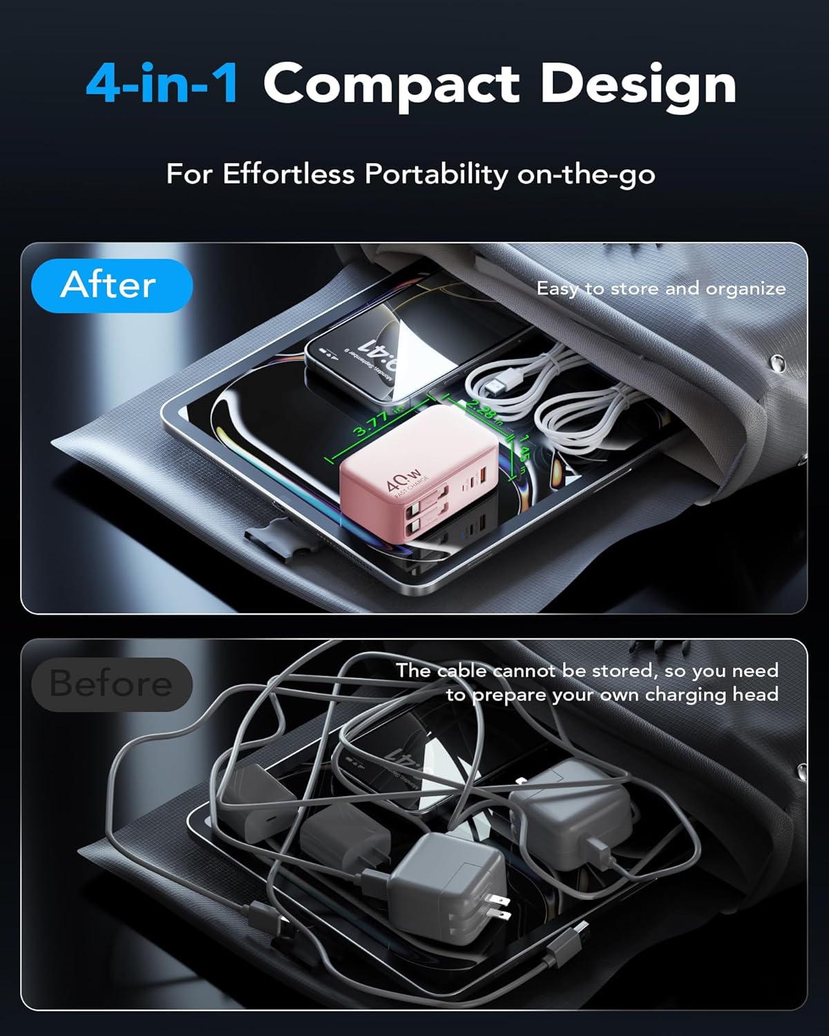 Retractable USB C Charger Wall Plug with Dual 35.5in/90cm Type C Cables Cords,40W Fast Charging Foldable Block Multi Charger for All Devices for iPhone 16/15/14/13/12/11,iPad,Galaxy,Pixel