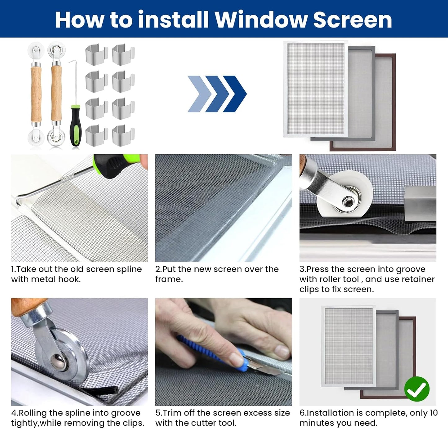 4 in 1 Screen Repair Kit, Screen Roller Tool Kit Inlcuded Metal/Nylon Screen Roller Tool, Spline Removal Hook and Screen Clips, Screen Repair Tool for Installing Door Window Mesh