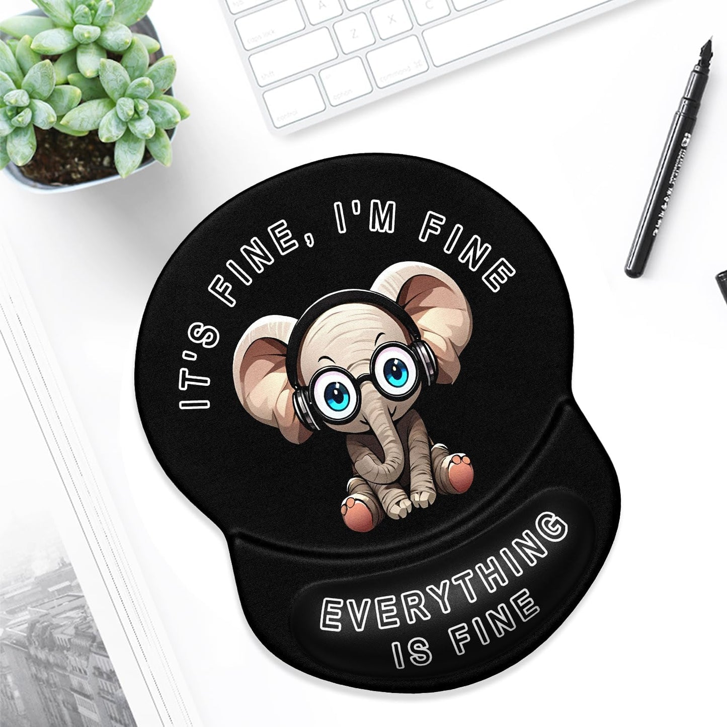 ITNRSIIET Ergonomic Mouse Pad with Gel Wrist Support Small Wrist Rest Smooth Surface Non-Slip PU Base Comfortable Office Supplies Pain Relief, 8.7 x 7.2 inches, Pretty Fine Elephant