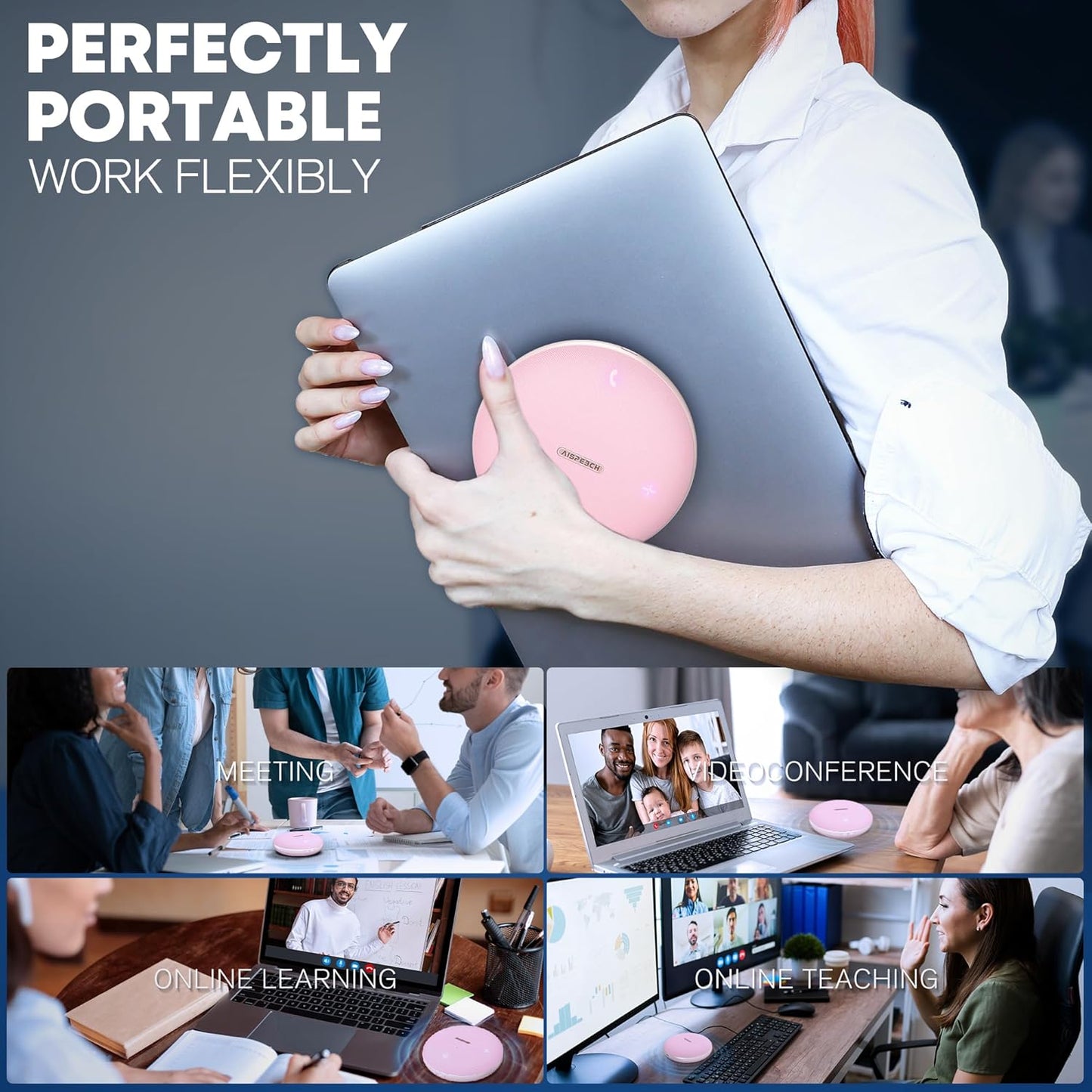 M4 Bluetooth Speakerphone Conference Speaker and Microphone with AI Noise Reduction GPT Transcription Speakers for Computer Desktop 360° Voice Pickup at Home Office for Teams/Zoom, Pink