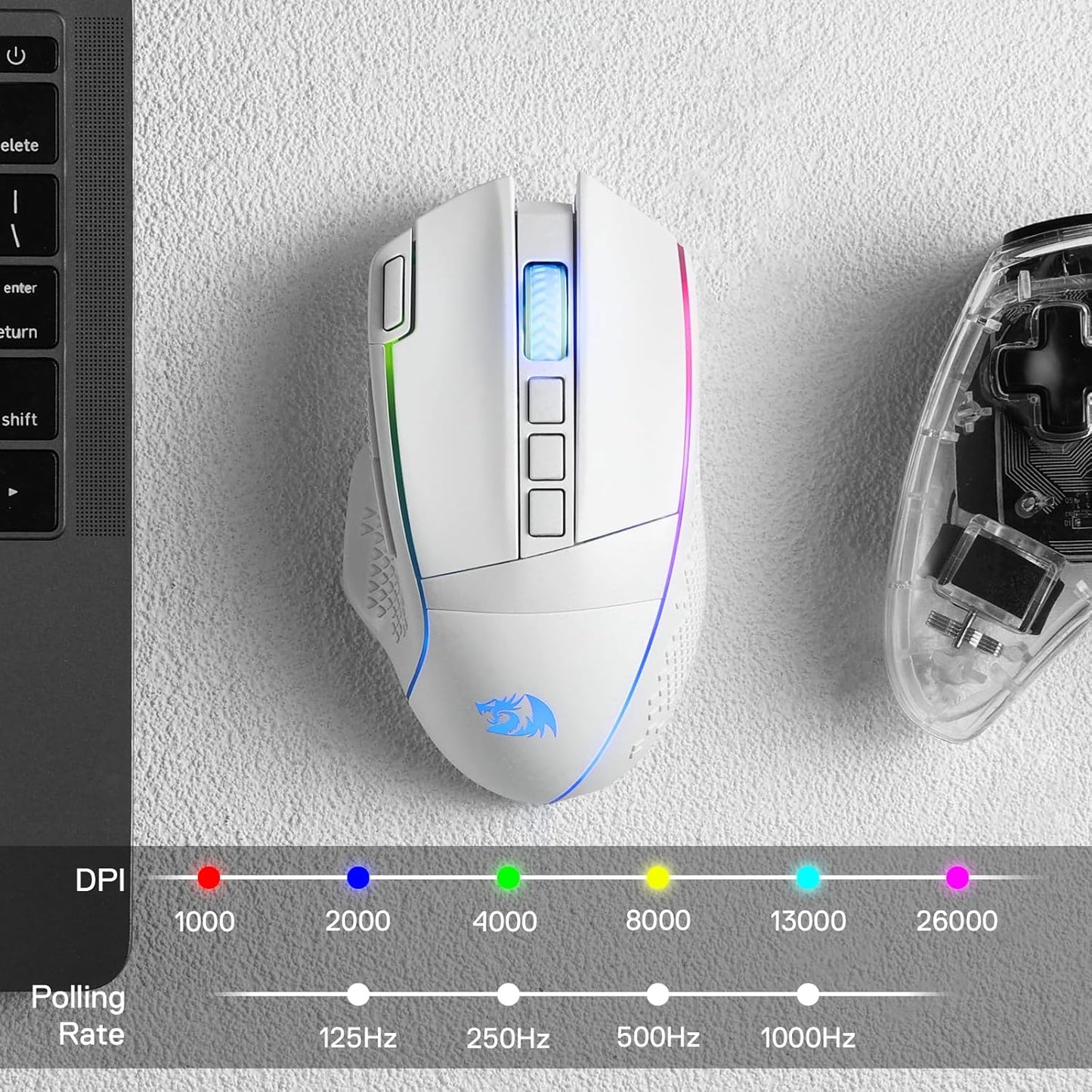 Redragon M991 Wireless Gaming Mouse, 26000 DPI 3-Mode Gamer Mice w/Rapid Fire Key, 9 Macro Buttons, Powerful Capacity and RGB Backlight for PC/Mac/Laptop, White