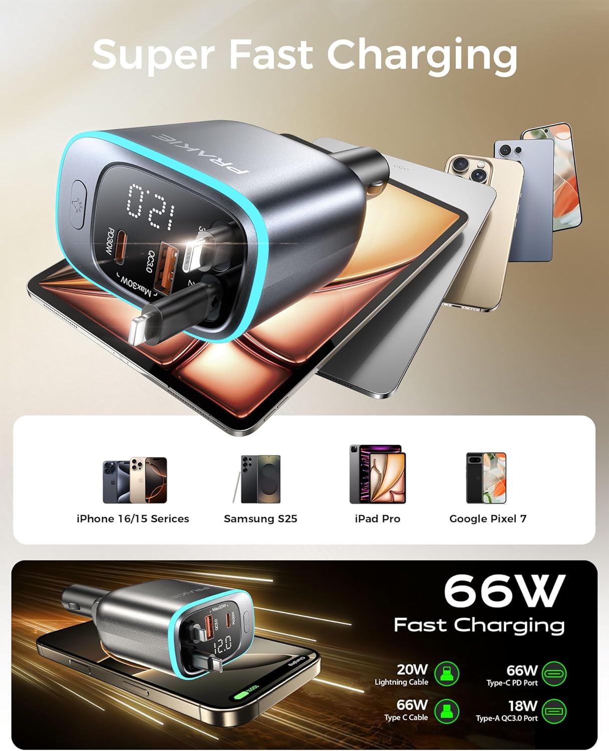 iPhone Car Charger, Retractable Fast USB C Phone Charger, 4 in 1 Cigarette Lighter Adapter with 2 Cables 30 Inch and 2 USB Ports, Multi Port USB Car Charging for iPhone 16/15/14/13/Pro Max