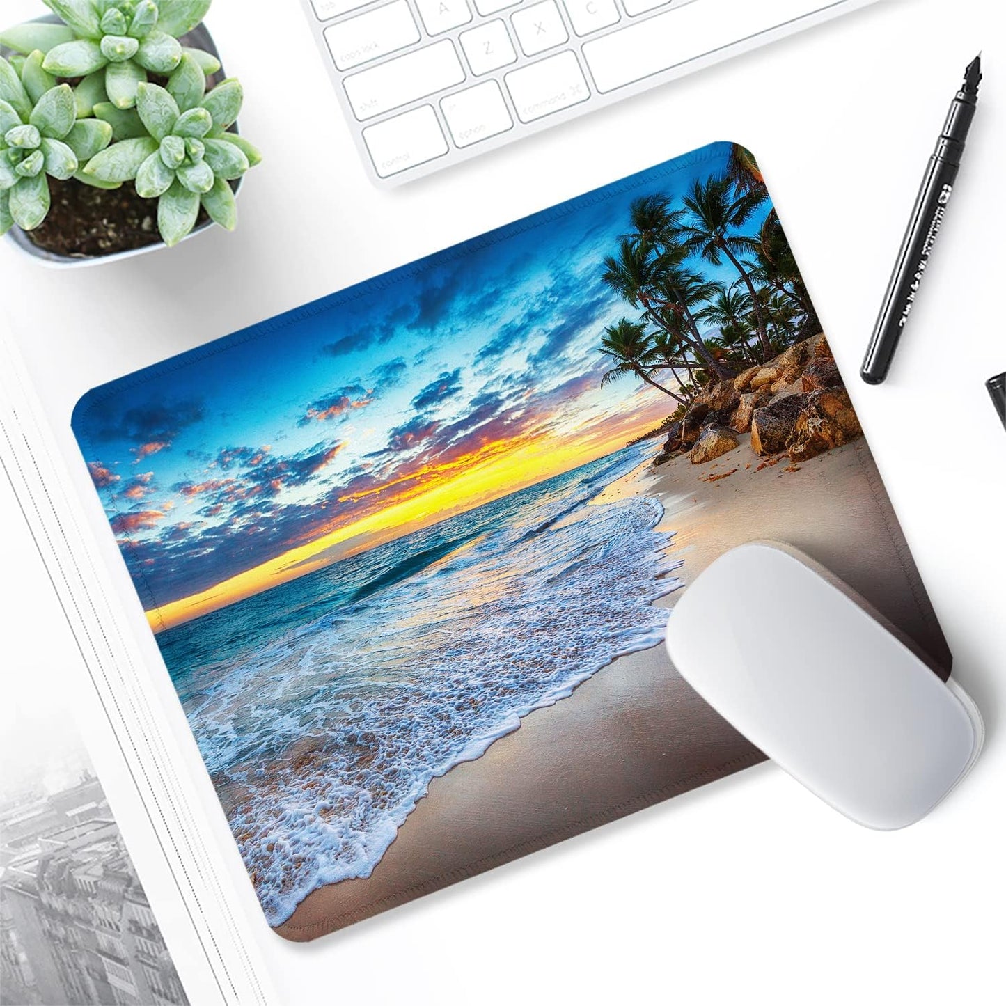 ITNRSIIET Mouse Pad with Stitched Edge Premium Textured Smooth Precise Operation Waterproof Washable Non-Slip Rubber Base Desktop Protection Mat, 10.2×8.3×0.12 inches, Beach