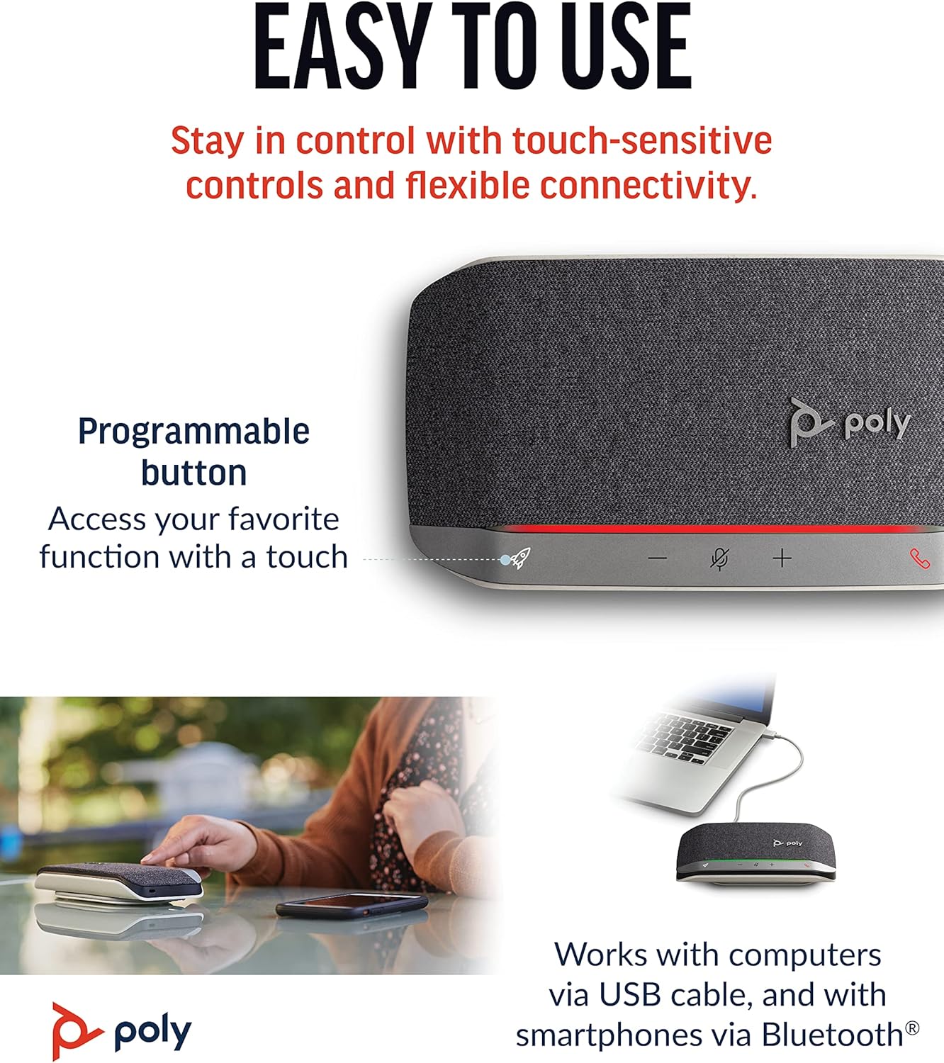 Poly Sync 20 USB-A Personal Portable Smart Speakerphone (Plantronics) - Connect to Mobile via Bluetooth, PC/Mac via Included USB-A Cable - Noise/Echo Reduction - Works w/Teams, Zoom - Amazon Exclusive