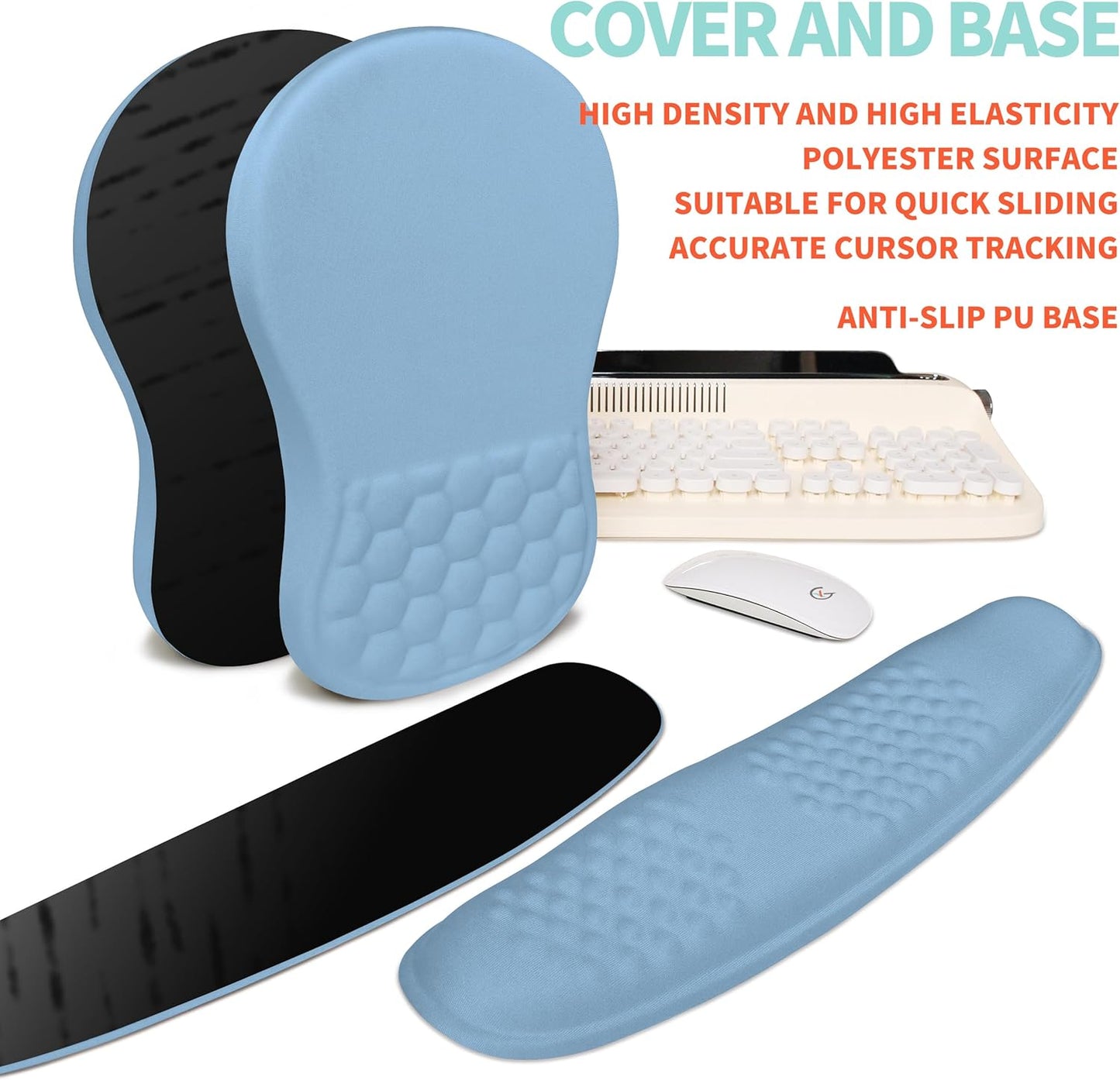 2-in-1 Ergonomic Set, Wave Rise Keyboard Wrist Rest and Massage Bulge Slope Mouse Pad Wrist Support, Cushion Memory Foam Integrated to Relieve Wrist Pain, Lake Blue