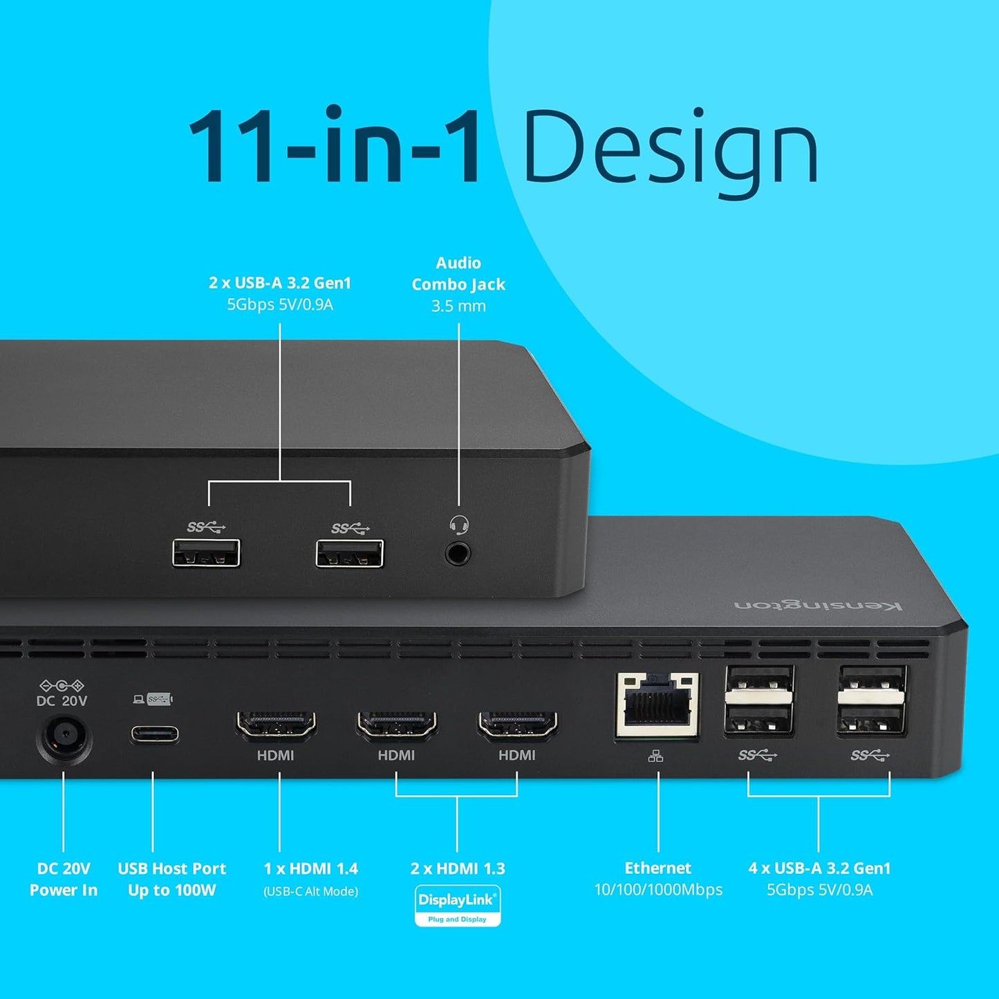 Kensington SD4760P 11-in-1 USB-C Docking Station Triple Monitor DisplayLink Docking Station, 3xHDMI, 100W Charging for Laptop, 6xUSB A, Ethernet, Audio, for Mac and Windows Driver Require K33622NA