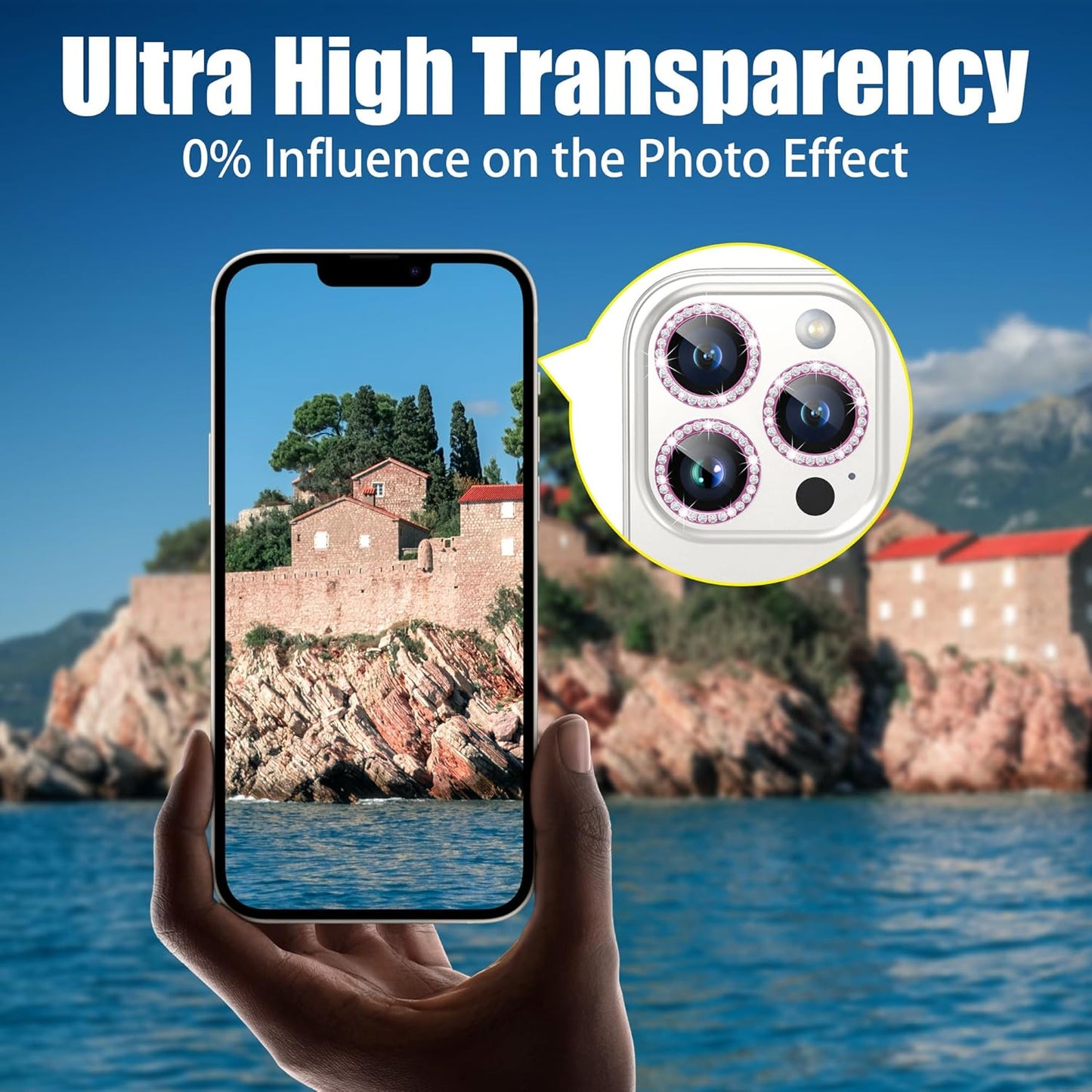 AGVEE 3+3 6 Pack for iPhone 15 Pro 6.1" / 15 Pro Max 6.7" Camera Lens Cover Protector, Bling Diamond & Bling Glitter Metal Ring 9H Tempered HD Glass Camera Cover Protector Film, Bling-Rose