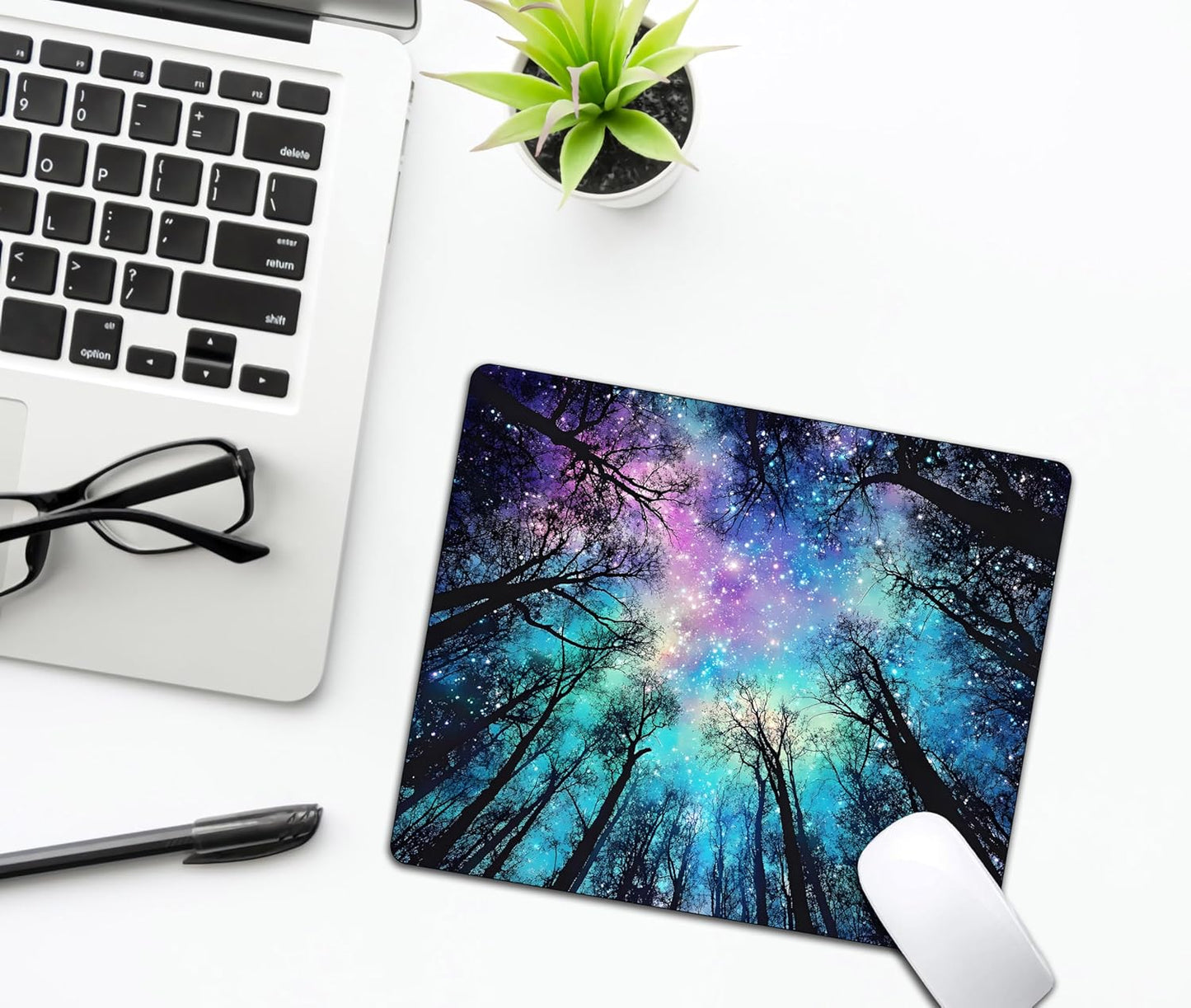 Black Night Sky Forest Mouse Pads for Desk, Portable Wireless Computer Mouse pad Small Design with Women, Non-Slip Rubber Base Laptop Mousepad 9.5" x 7.9" Smooth Surface for Office & Travel