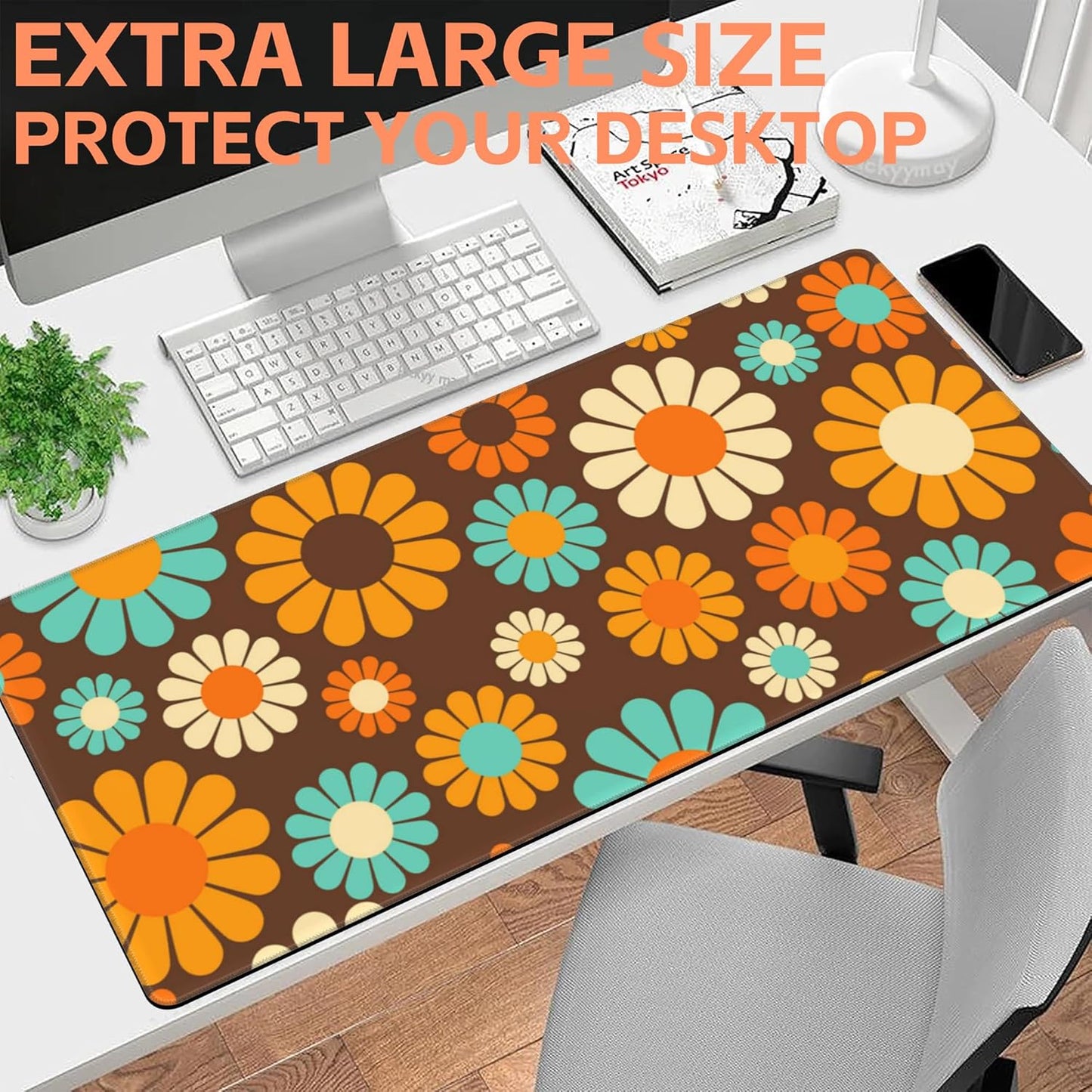 Mouse Pad Large Retro Flower Non-Slip Game Desk Mat with Stitched Edge Laptop Keyboard Desk Pad for Work Home Gaming (35.4 x 15.7 Inches)