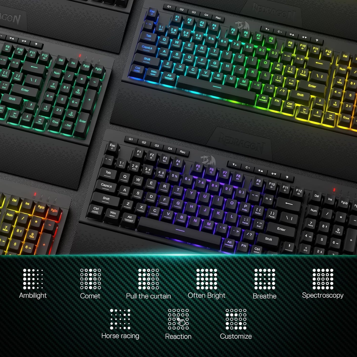 Redragon K515 PRO Shiva RGB Wireless Membrane Gaming Keyboard, 98 Keys Mechanical-Feel Keyboard w/Smooth Linear Switch, On-Board Macro & Multimedia Keys, Detachable Wrist Rest, Software Supported