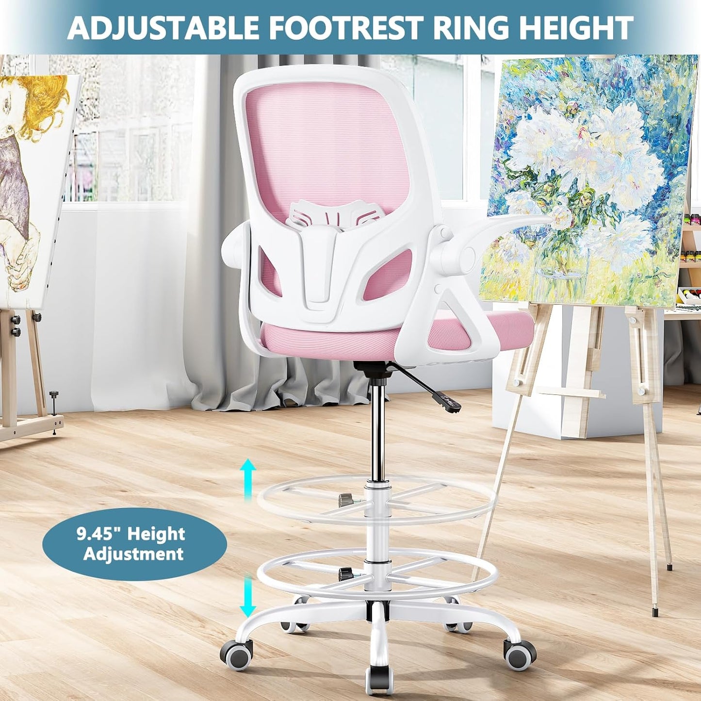 Tall Drafting Chair with Footrest Ring for Home and Work, Ergonomic Home Desk Office Chair with Flip up Arms and Lumbar Support, Extended Height Executive Desk Office Chair(Pink)