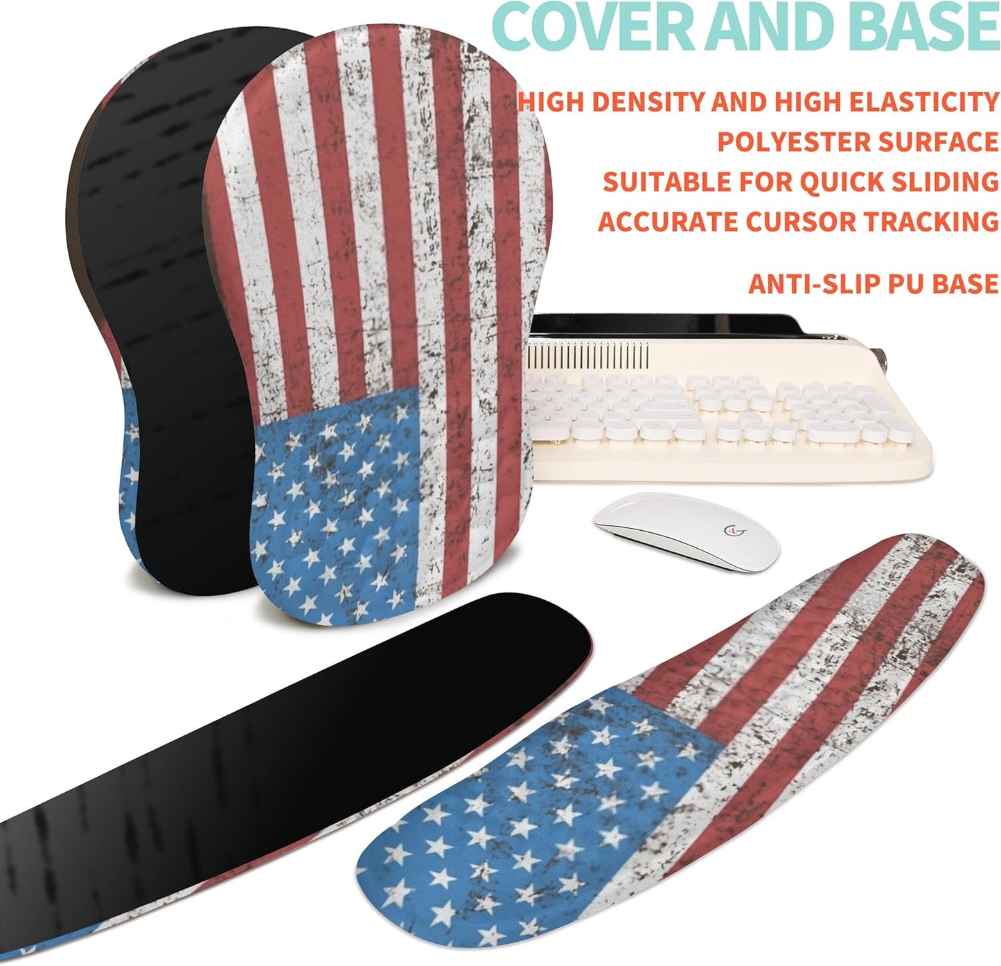 2-in-1 Ergonomic Set, Wave Rise Keyboard Wrist Rest and Massage Bulge Slope Mouse Pad Wrist Support, Cushion Memory Foam Integrated to Relieve Wrist Pain, American Flag