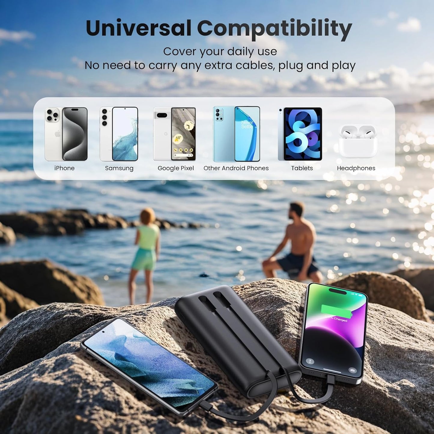 Upgraded Portable Charger 40800mAh Power Bank - Portable Battery with 2 Built in Cables,PD 25W USB C Fast Charging Battery Pack Compatible with iPhone 16 15 14 13 Android Phone etc-Black