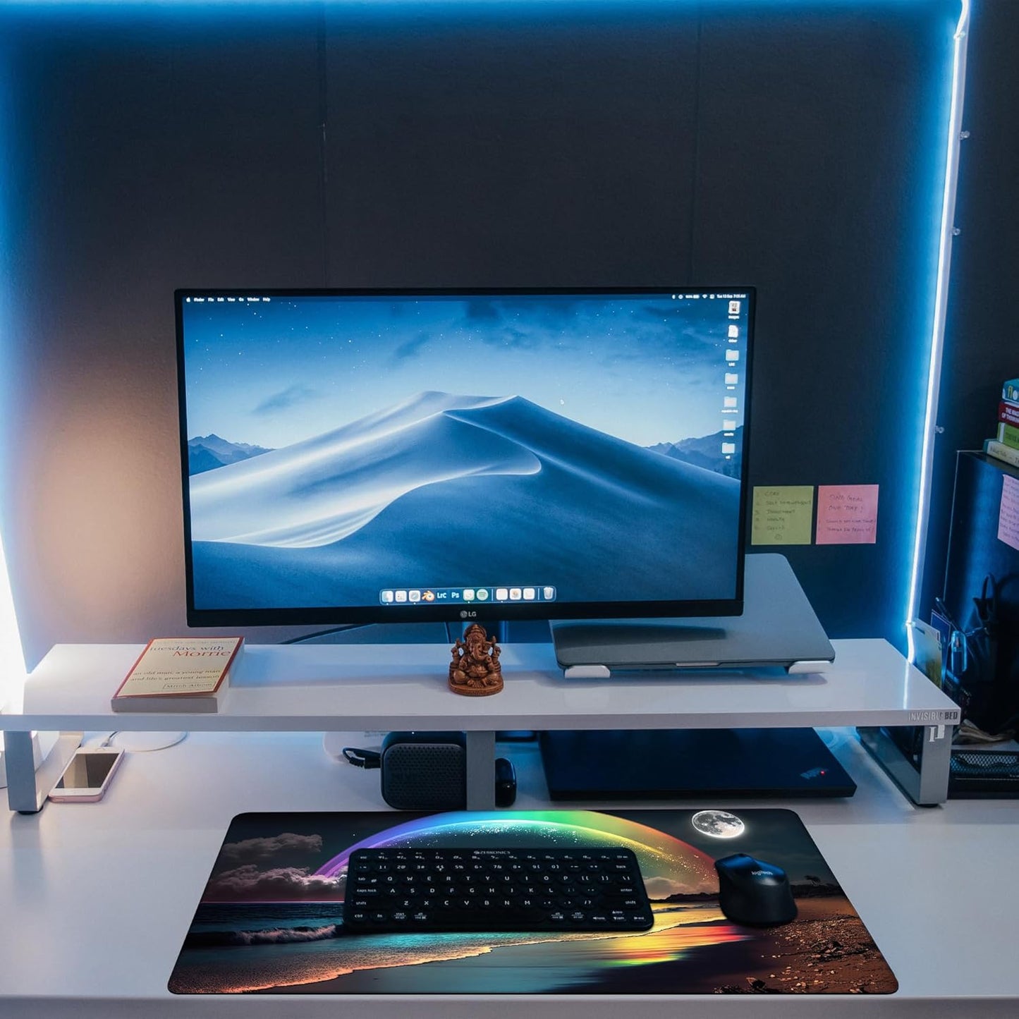 Desk Mat, Rainbow and Full Moon Desk Pad, Beach at Night Large Gaming Mouse Pad for Desk, 31.5"x15.7" Extended Big Computer Keyboard Mouse Pad with Non-Slip Base and Stitched Edge