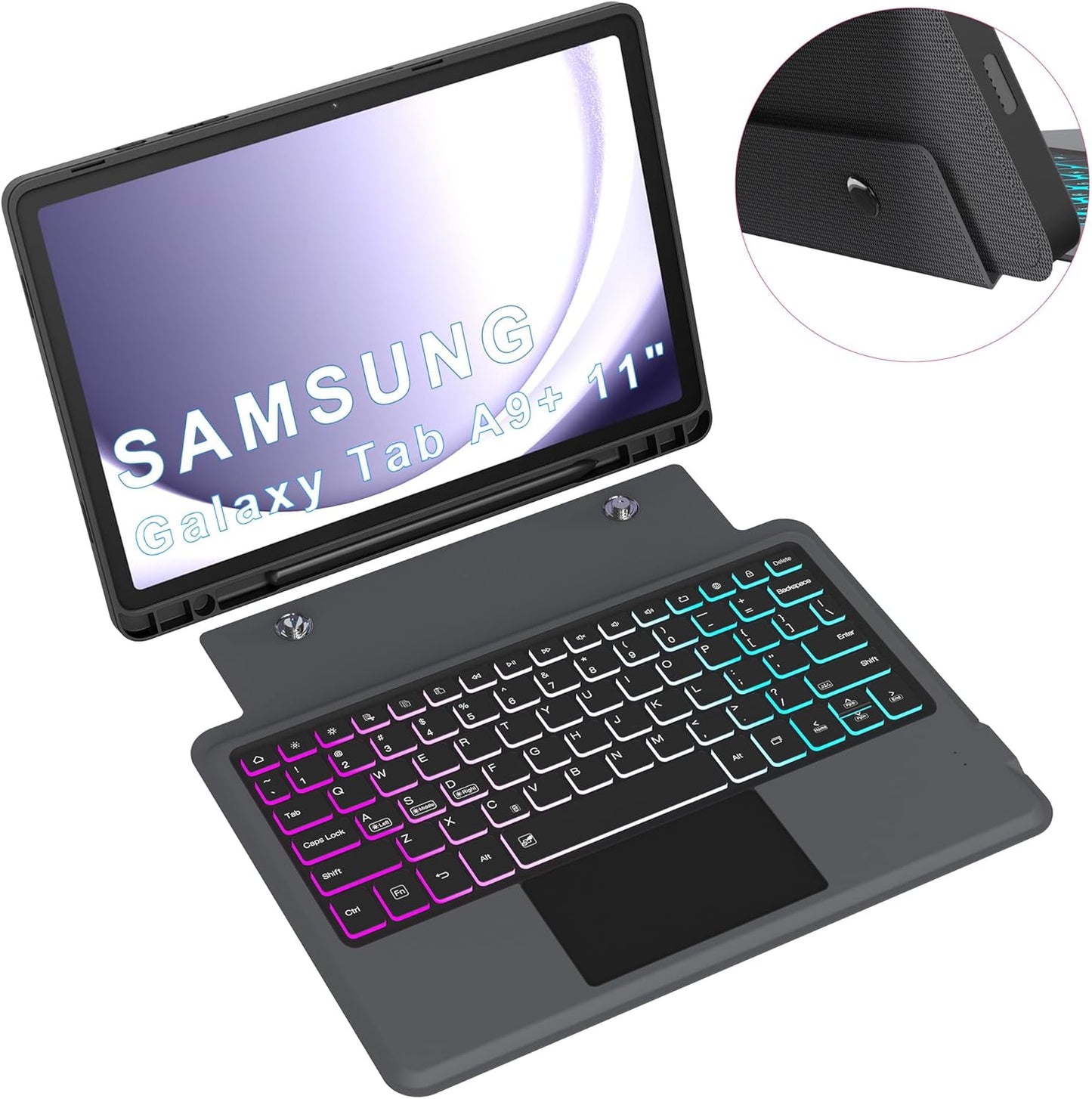 for Galaxy Tab A9+ 11 inch Case with Keyboard - Rainbow Backlit Detachable Tablet Keyboard Cover with Touchpad - Auto Wake-up/Sleep Keyboard Case with Pen Holder for Samsung Galaxy Tab A9 Plus 5G 2023