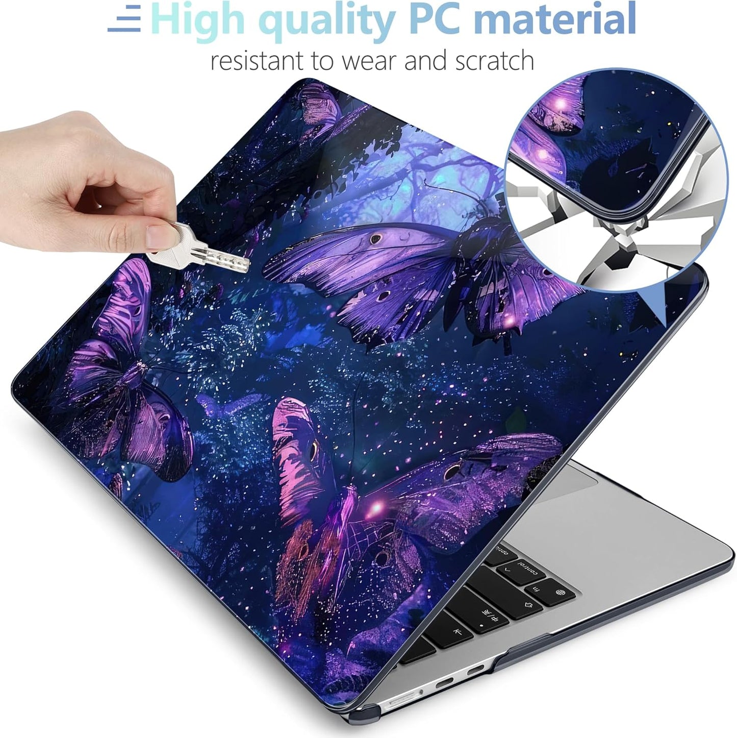 MEEgoodo Case for M4/M3/M2 MacBook Air 13.6 inch Case 2025 2024 2022, Fit Model A3240/A3113/A2681, Laptop Hard Shell with Keyboard Cover Compatible with MacBook Air 13 inch, Purple & Blue Butterflies